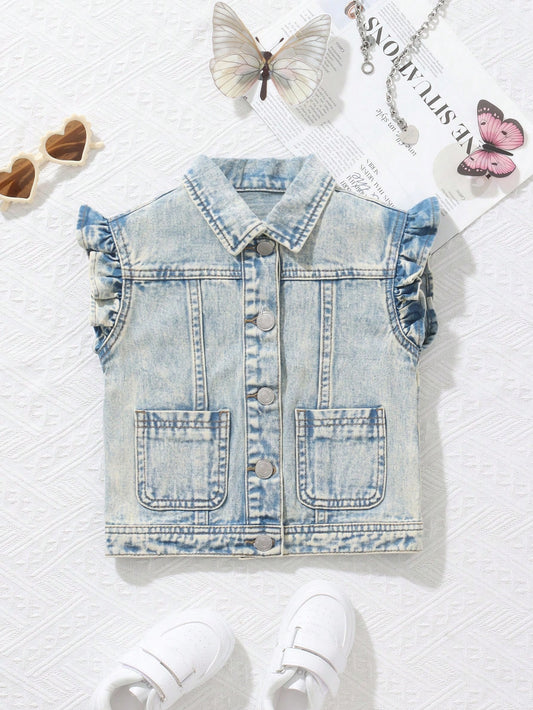 Girls' Blue Vintage Denim Vest With Ruffle Lace Trim