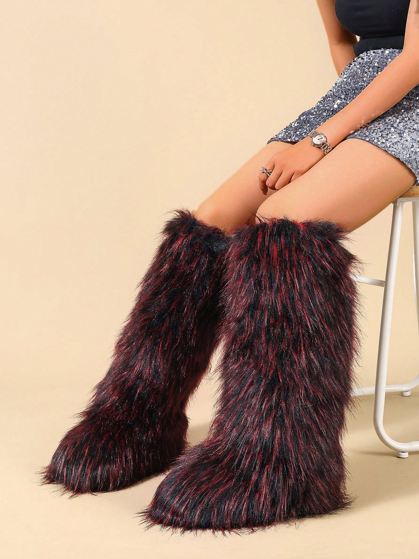 Faux Fur Flat High-Top Warm Winter Tall Boots, Round Toe Faux Fox Fur Snow Boots For Women