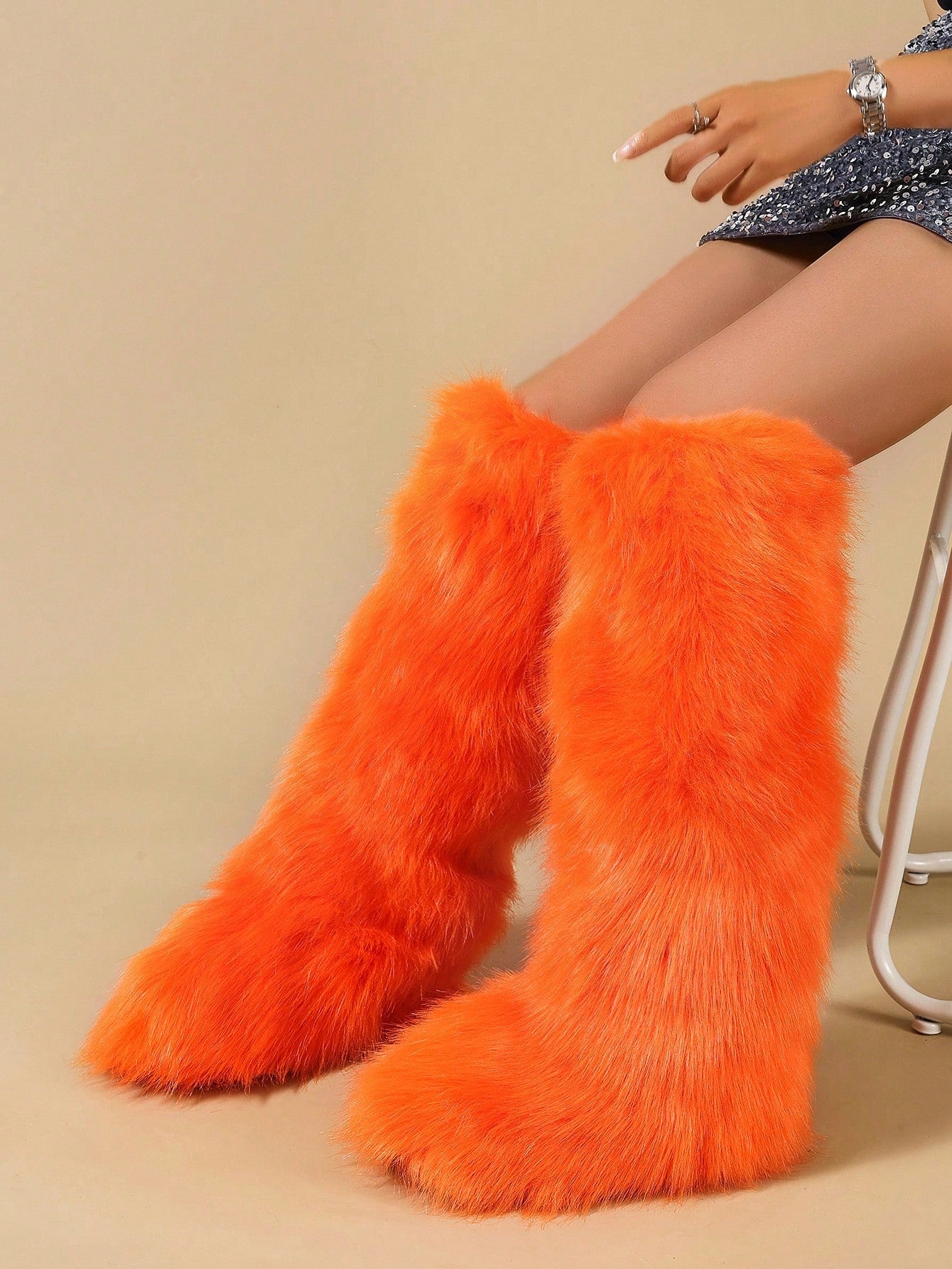 Faux Fur Flat High-Top Warm Winter Tall Boots, Round Toe Faux Fox Fur Snow Boots For Women