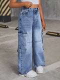 Tween Girls' Y2K Stonewashed Flap Pocket Side Straight Leg Workwear Baggy Denim Jeans,Kids Summer Clothes Back To School Streetwear Outfits