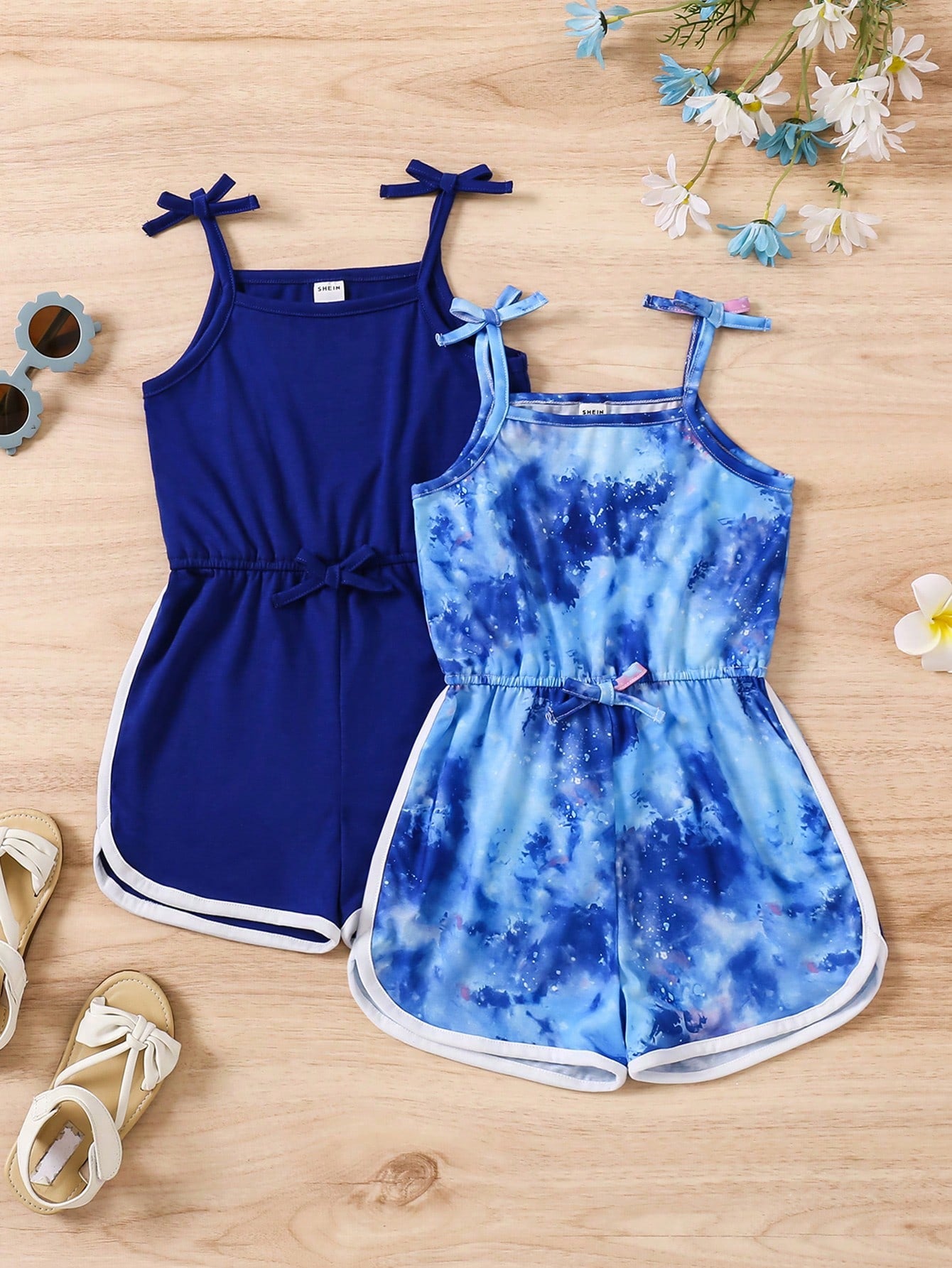 Young Girls' Floral Printed Shoulder Tie Romper, Summer