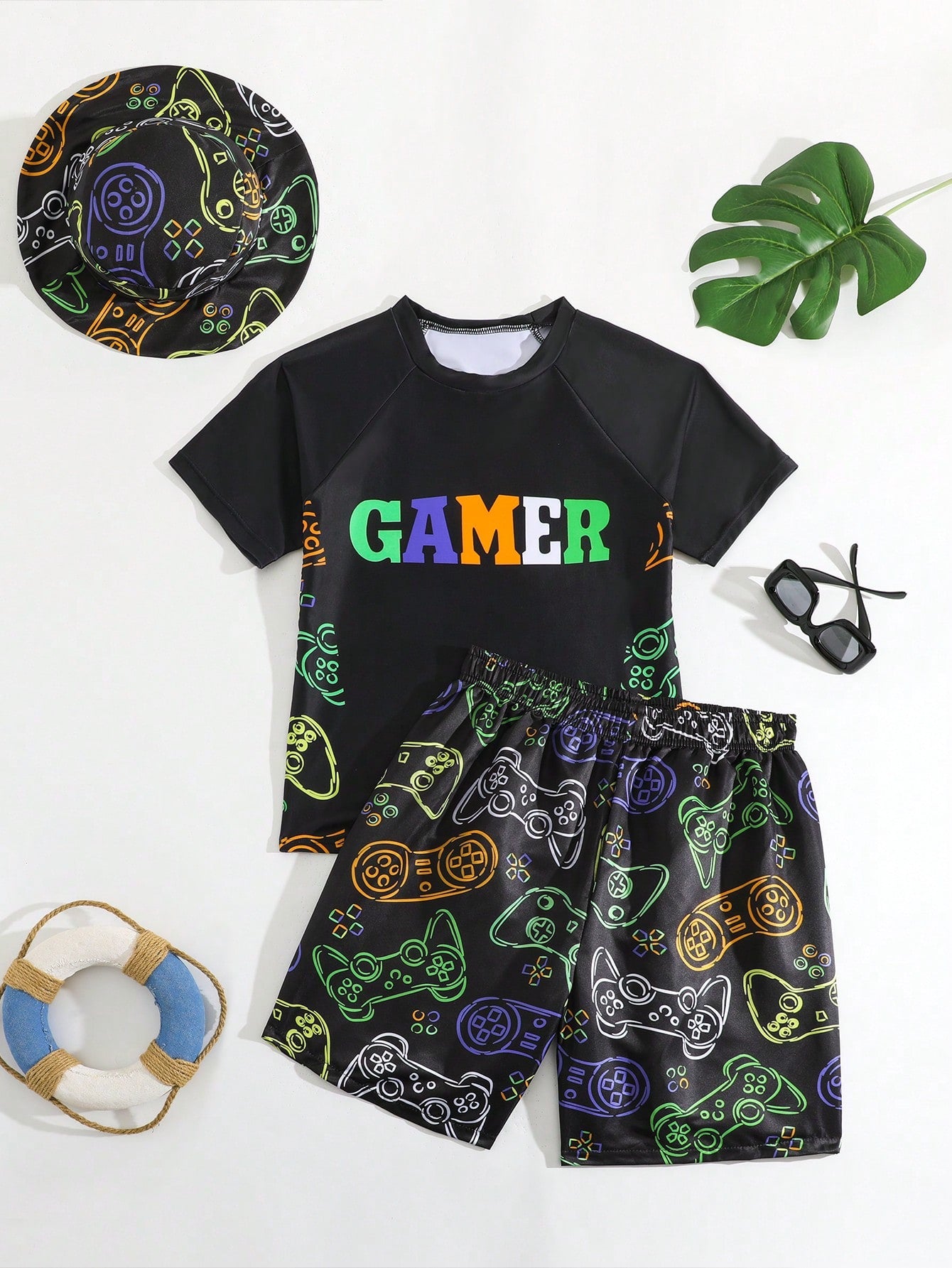 Teen Boy Gaming Controller Pattern Printed Short Sleeve Shirt, Short And Swimwear Set With Swimming Cap