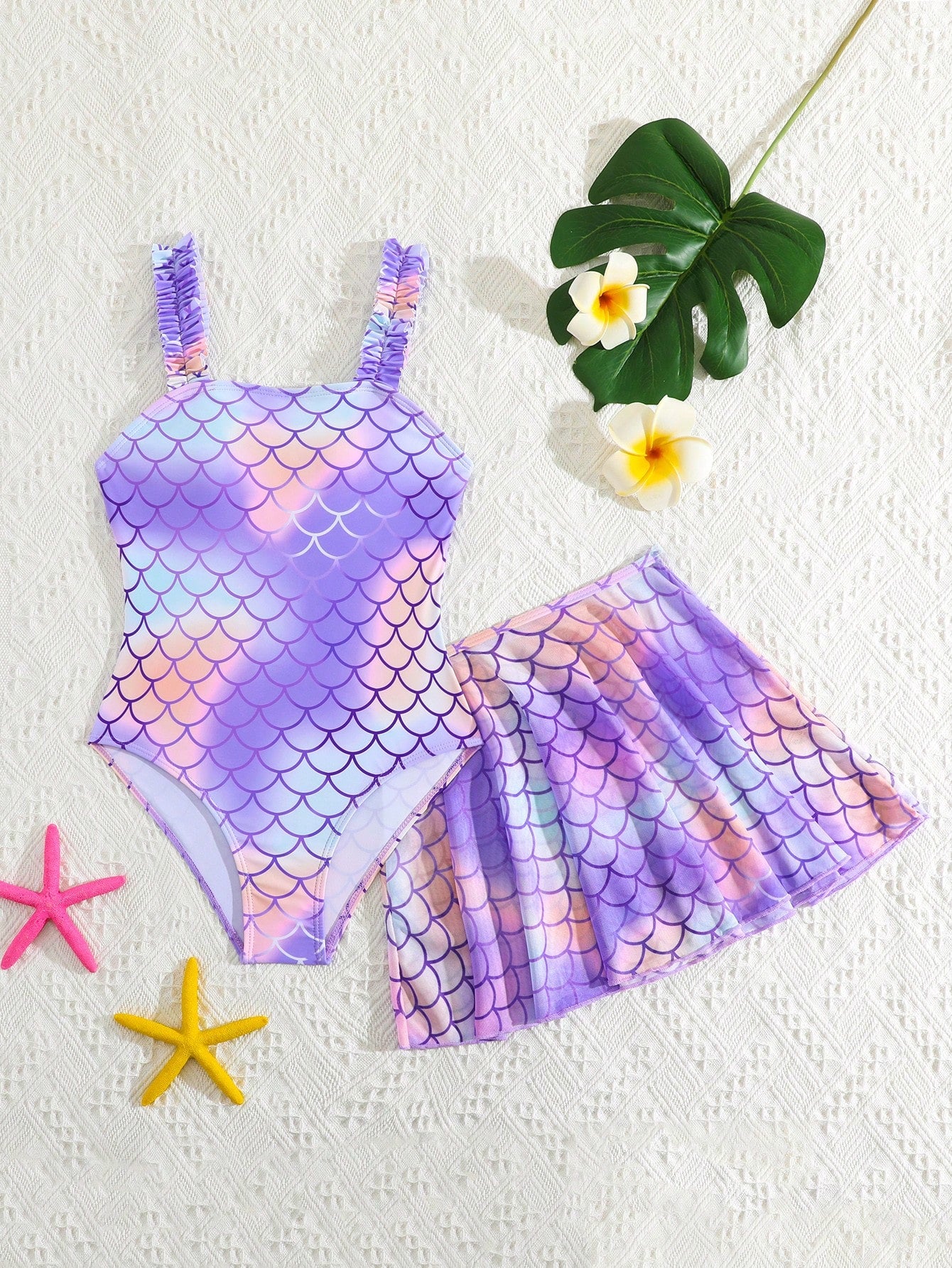 Tween Girl Mermaid Scale Printed One-Piece Swimsuit With Mesh Skirt Cover-Up