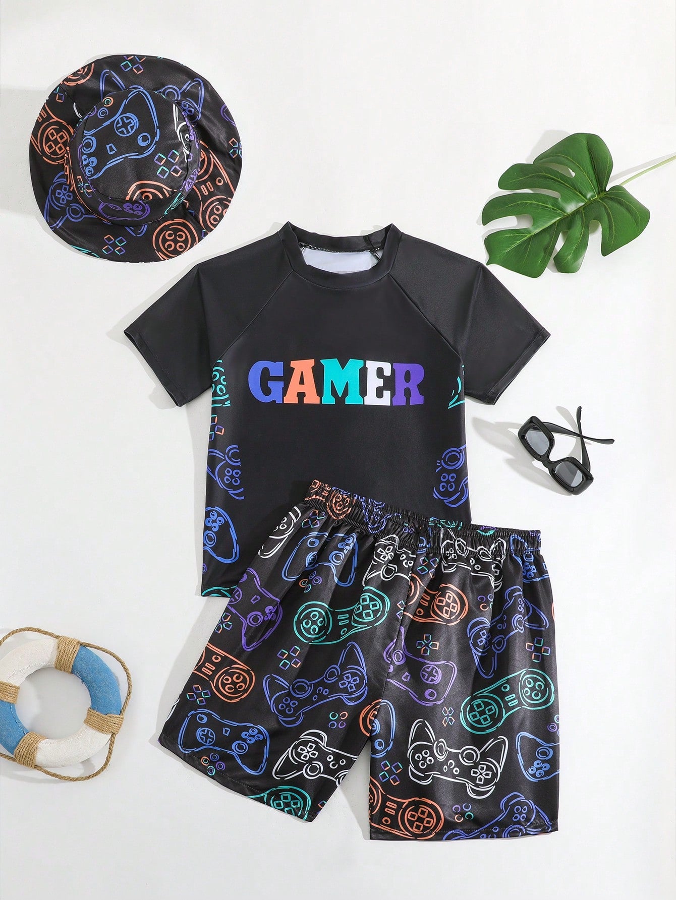 Teen Boy Gaming Controller Pattern Printed Short Sleeve Shirt, Short And Swimwear Set With Swimming Cap