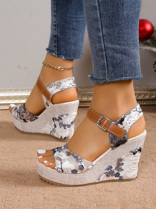 Women's Wedge Platform Thick Sole Sandals, Spring Summer 2024 New Arrival, Outdoor Wear, Versatile One-Strap Buckle Slides, Sexy Model/Stage, Color Block Floral Beach Casual Slippers, Comfortable Open Toe Shoes, Green Floral Trendy Elevated Petite Footwea