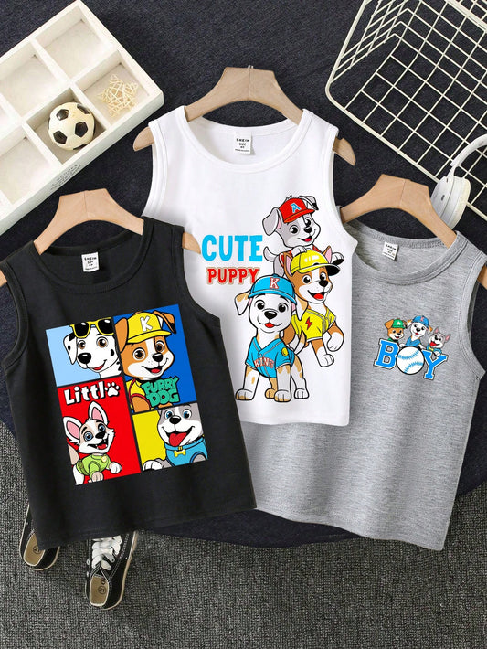 Young Boys' Casual Cartoon Printed Sleeveless Vest, Pack Of Several, Suitable For Summer