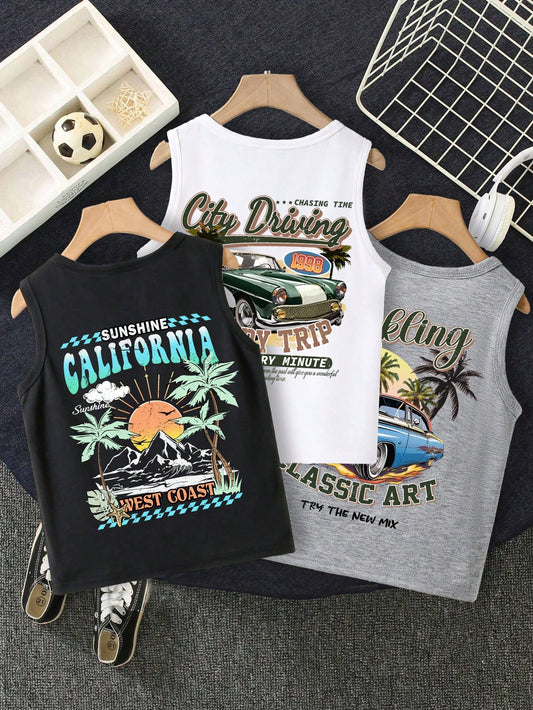 Tween Boys' Casual Simple Summer Landscape, Mountain, Retro Car Graphic Print Crew Neck Tank Top, For Summer