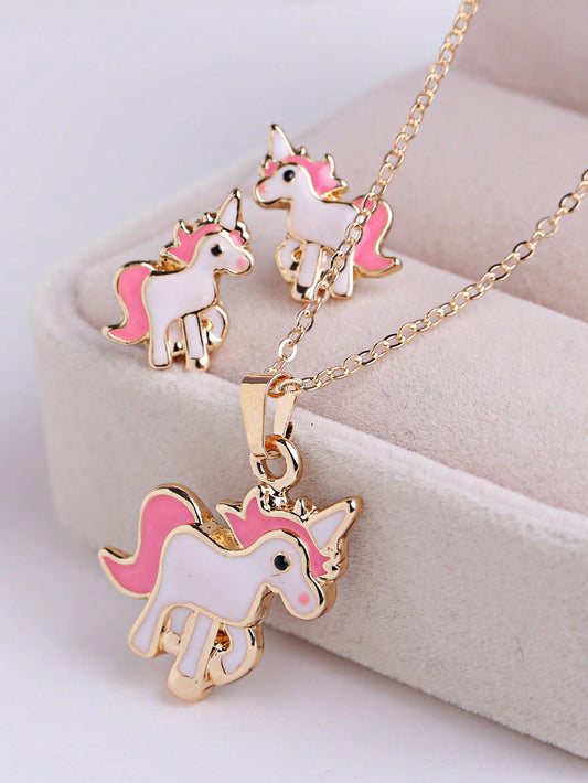 3pcs/Set Cute Pony Necklace & Earrings Jewelry Set