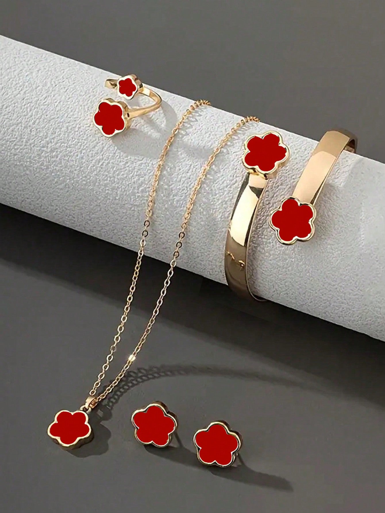 5pcs/Set Lucky Four-Leaf Clover Jewelry Set: Bracelet, Necklace, Earrings, Bangle, And Ring