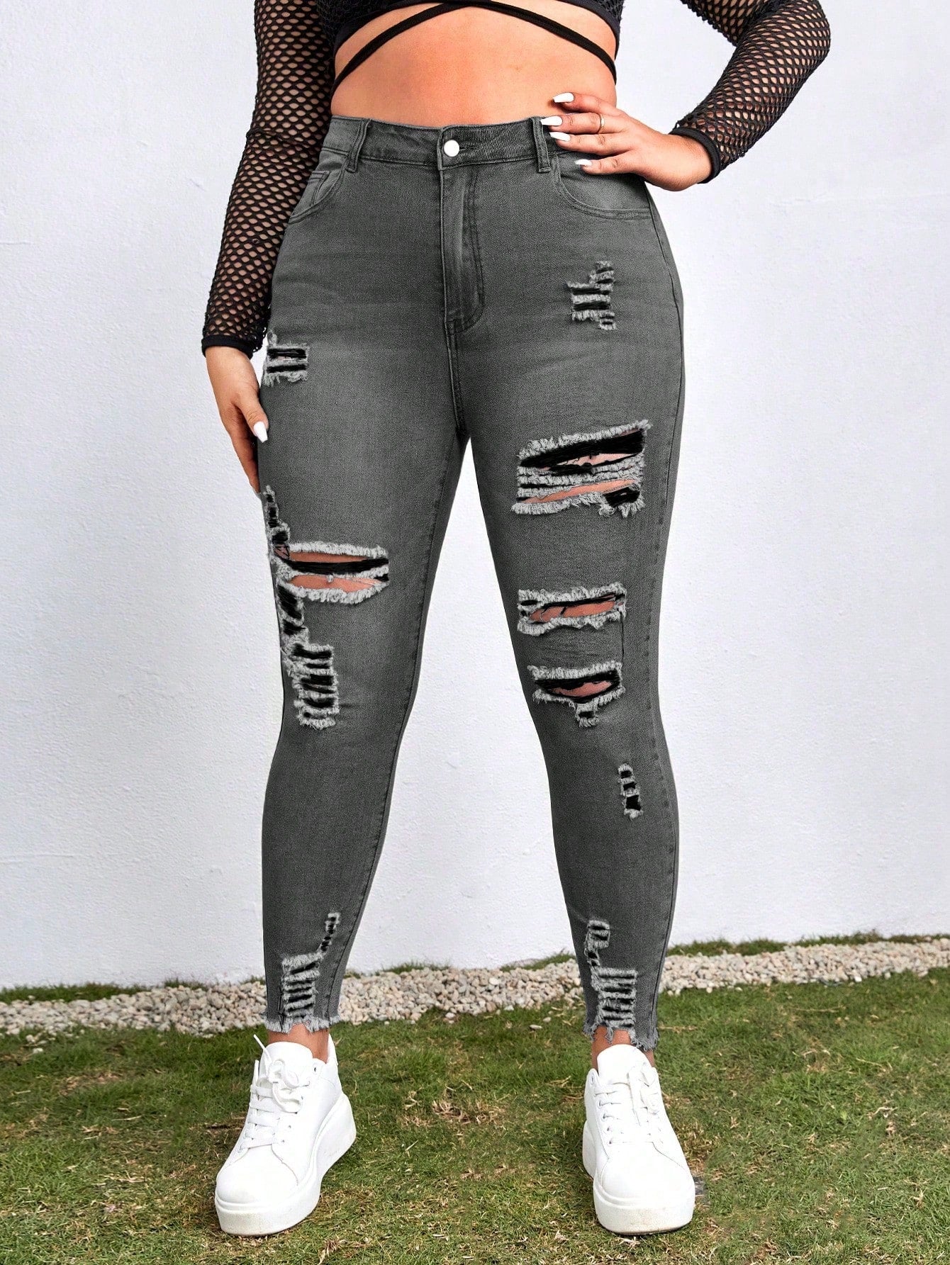 Plus High Waist Ripped Raw Cut Skinny Jeans