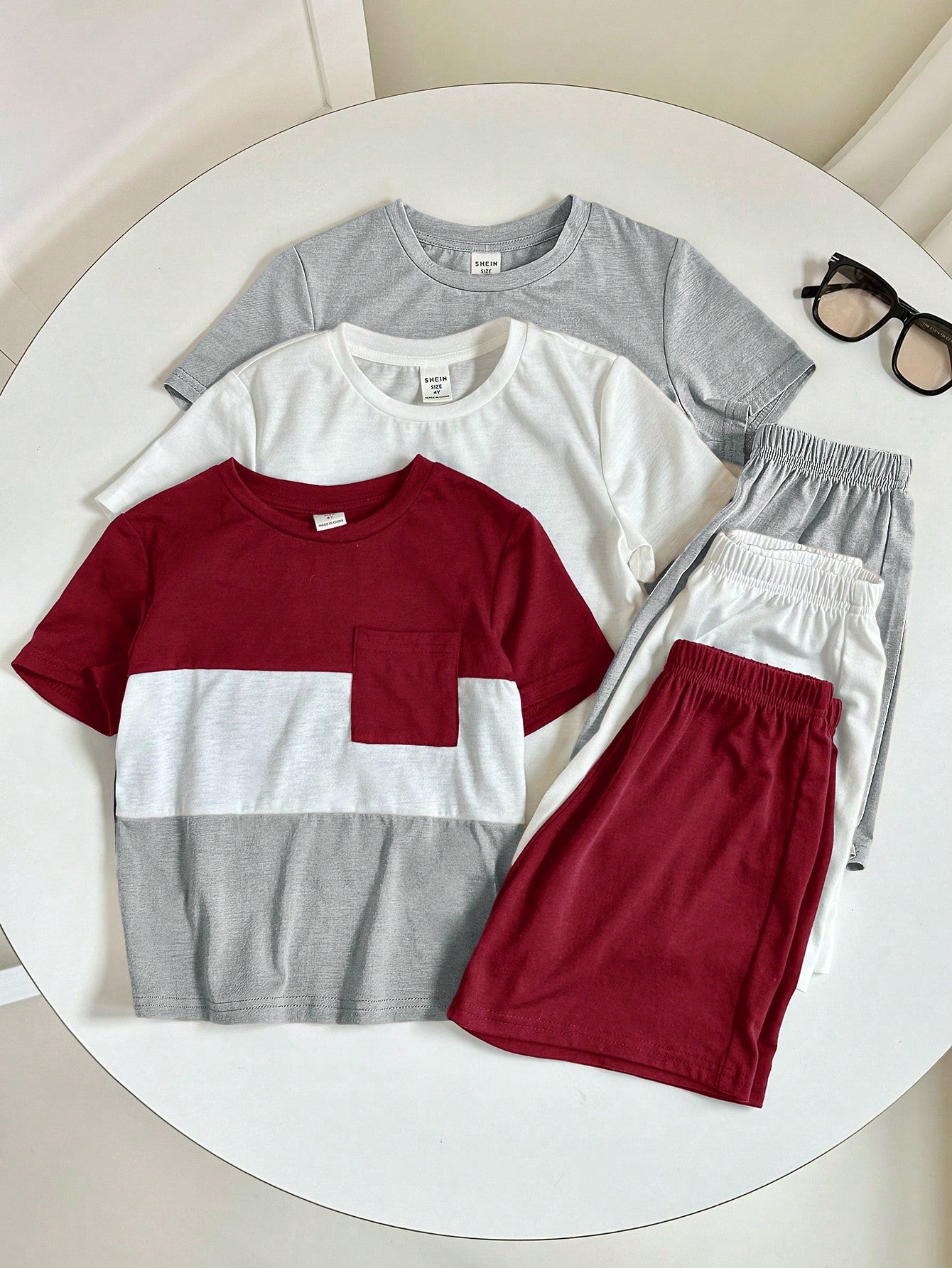 6pcs Young Boys' Casual College Style Colorblock Round Neck Short Sleeve T-Shirt And Solid Color Elastic Waist Shorts/Long Pants, Comfortable And Versatile Outfits For Outdoor And Home Wear