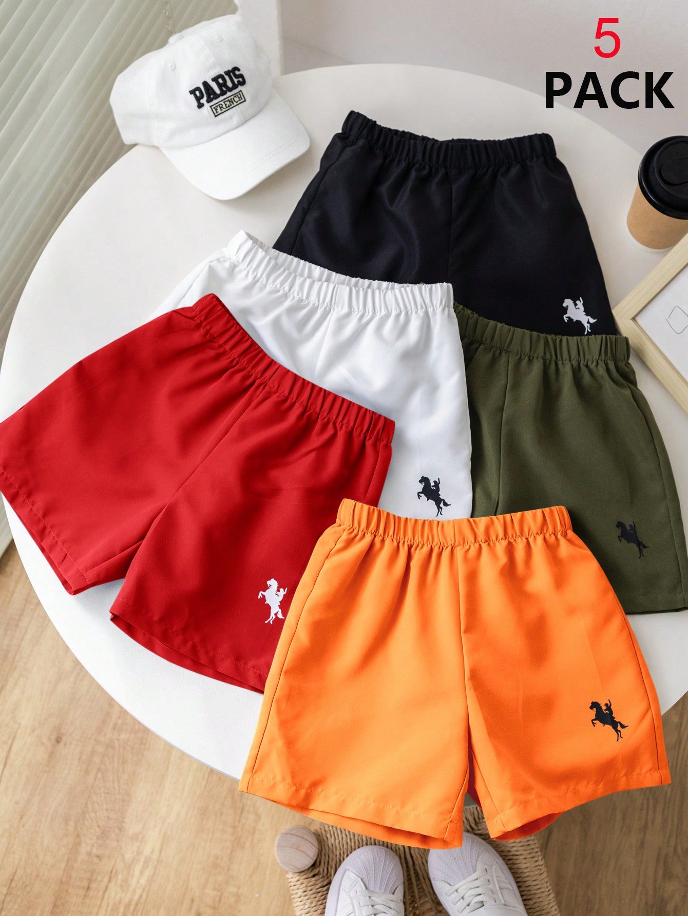 5pcs/Set Young Boy Casual Academy Style Comfortable, Fashionable, Simple, Practical, Cute Printed Breathable Comfortable Shorts, Suitable For Daily, School, Travel, Sports, Spring And Summer Seasons