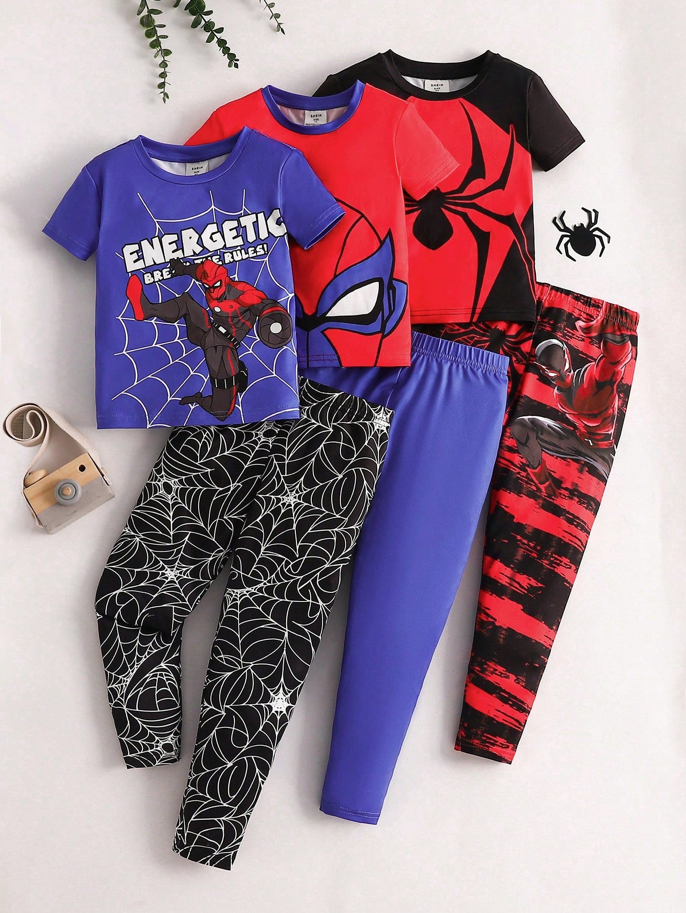 Young Boy Snug Fit Cartoon Printed Short Sleeve Top & Long Pants Knit Comfortable Breathable Casual Home/ Sleepwear Set 6pcs