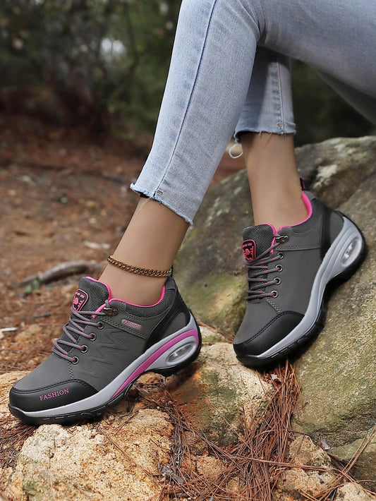 Women's Outdoor Sports Shoes, Comfortable Air Cushion Thick Sole, Leather Upper Sneakers, Shock Absorbing, Stylish Grey Hiking Shoes