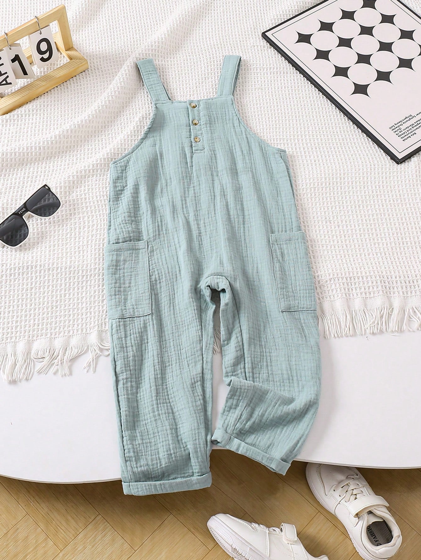 1pc Young Boys Casual Texture Pleated Cami Jumpsuit With Pocket, Scoop Neck, Button Front And Folded Hem, Solid Color And Comfortable/Breathable Material