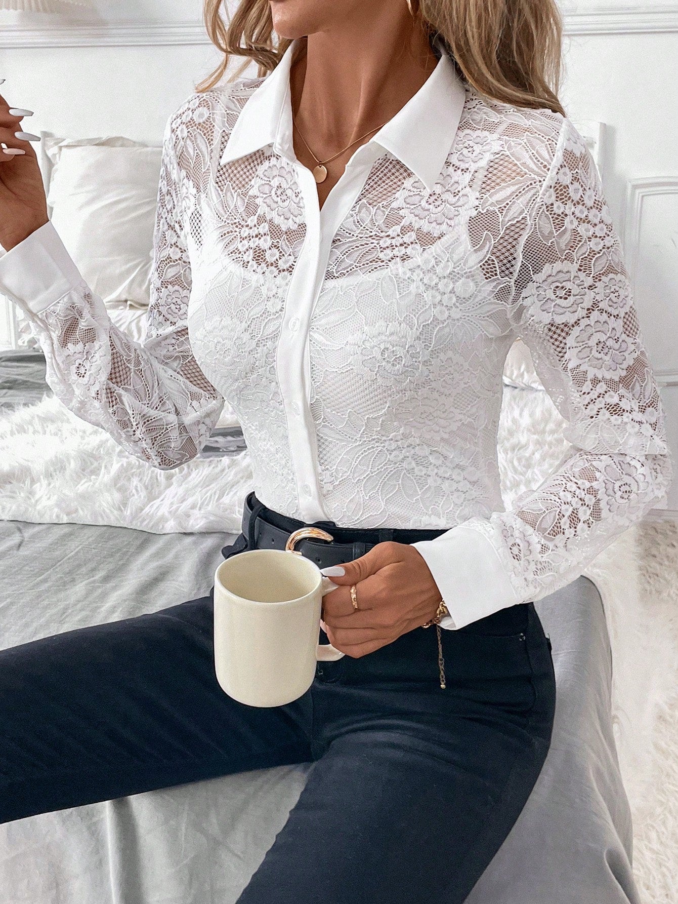 Lace Long Sleeve Shirt Black Top