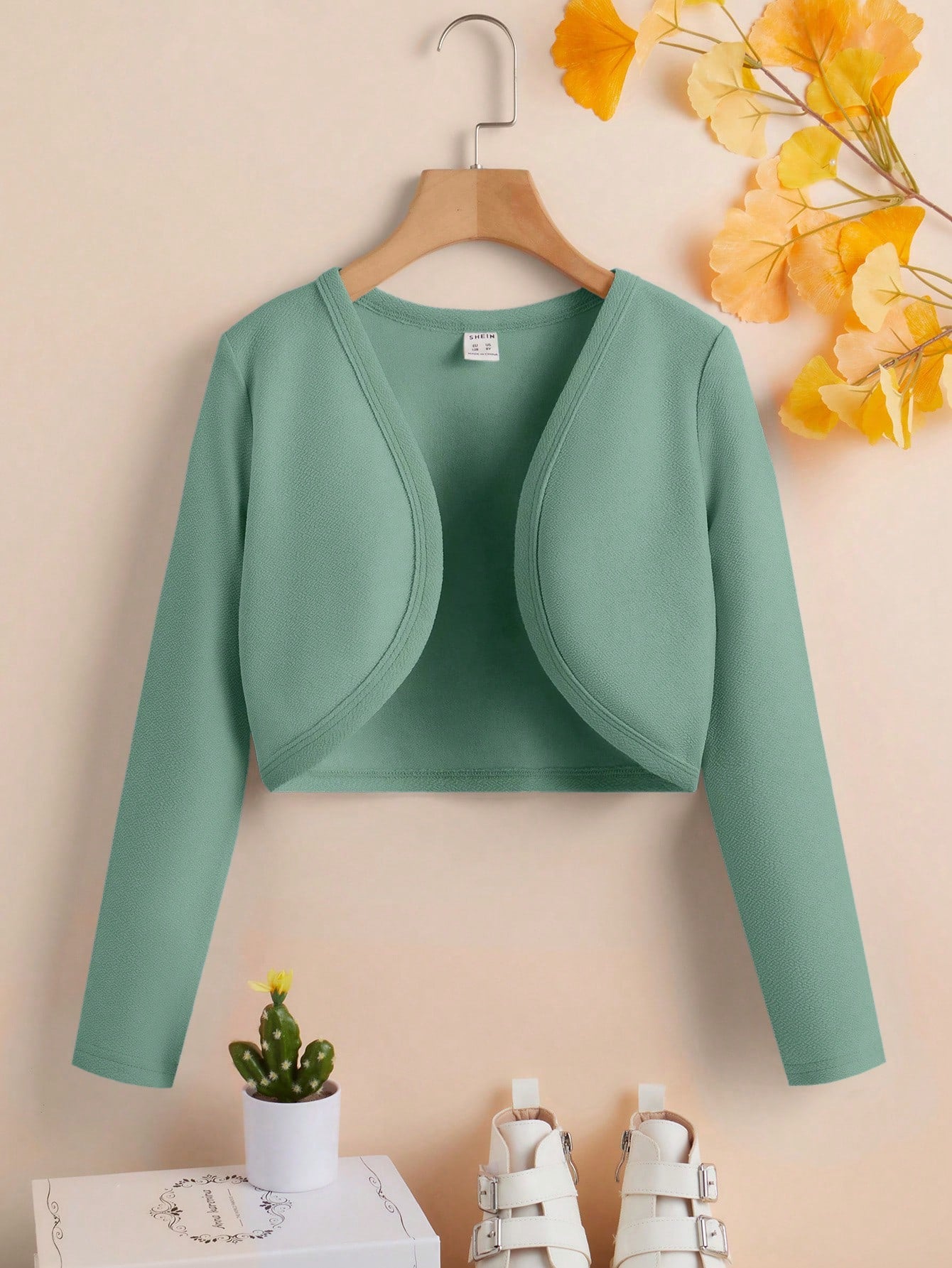 Tween Girl Solid Color Casual Shortened Long Sleeve Jacket, Suitable For Spring And Autumn, Open Front Cardigan