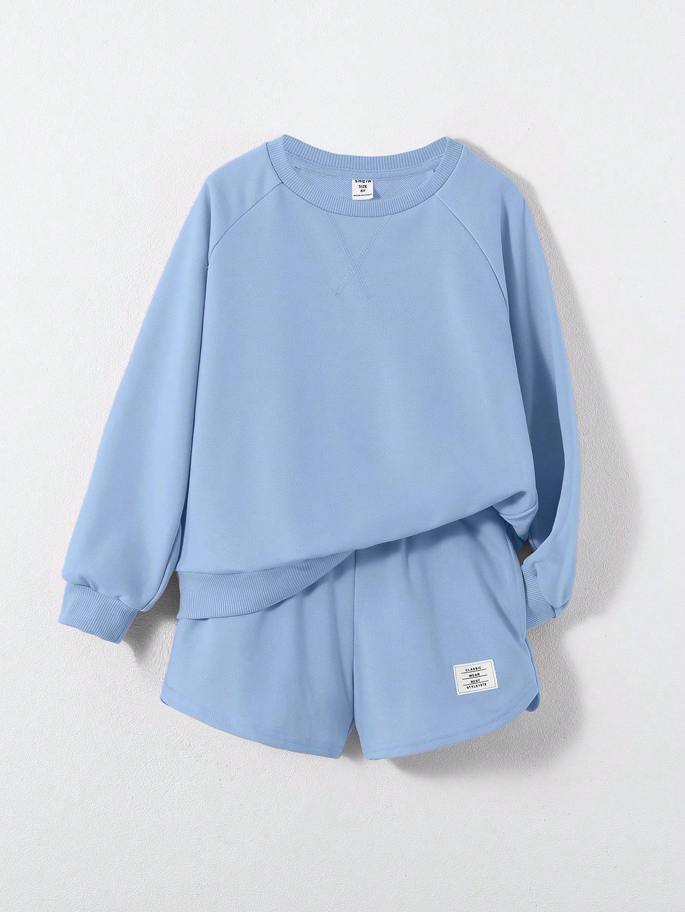 Tween Girl Letter Patched Raglan Sleeve Pullover & Shorts