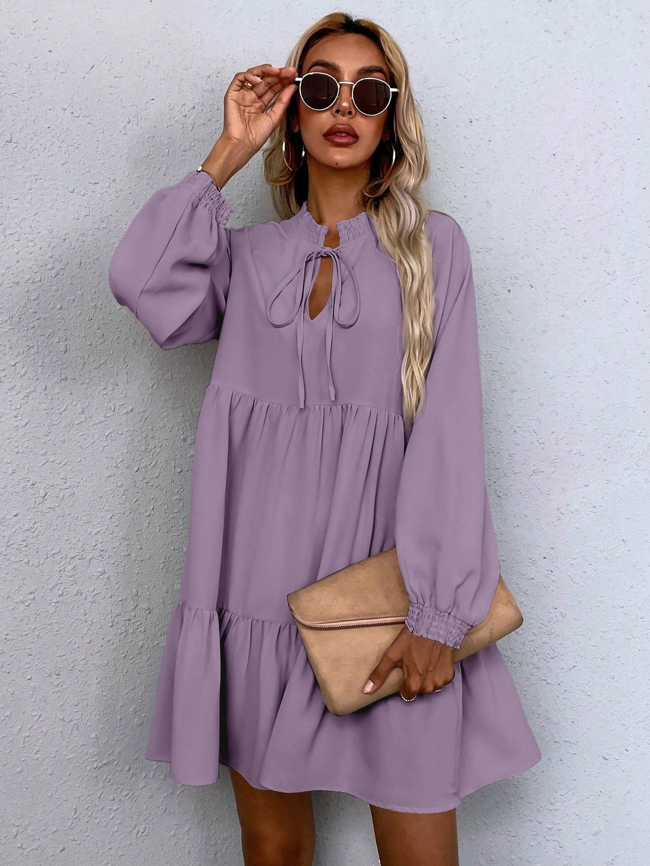 Tie Neck Lantern Sleeve Smock Dress