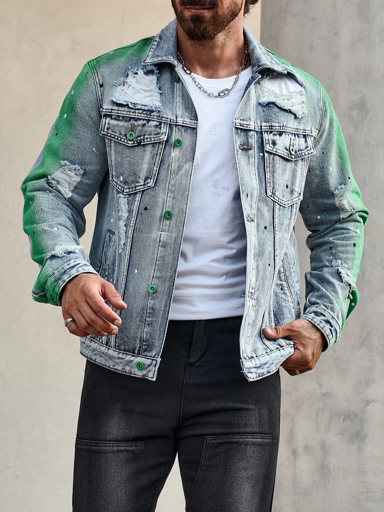 Men Plus Tie Dye Ripped Flap Pocket Denim Jacket