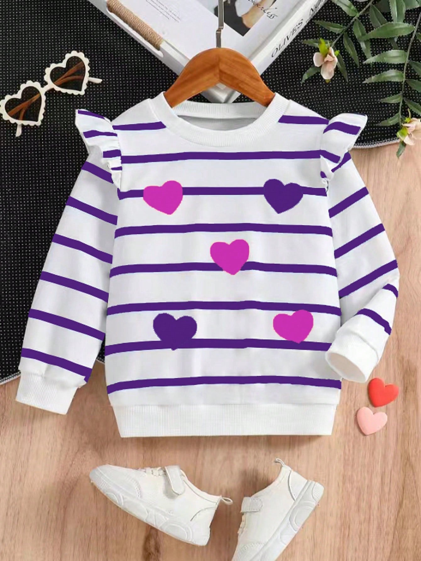 Young Girl Heart Printed Round Neck Knitted Sweatshirt With Ruffle Trimmed Long Sleeve