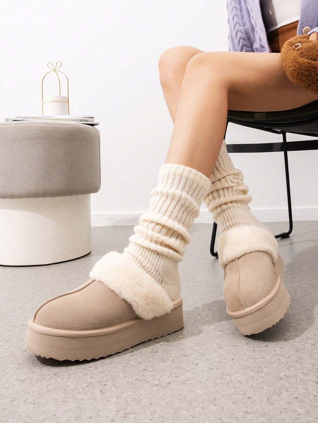 Women's Genuine Suede Fuzzy Cozy Memory Foam Waterproof Slippers: Stylish Platform Shoes For Indoor And Outdoor Comfort