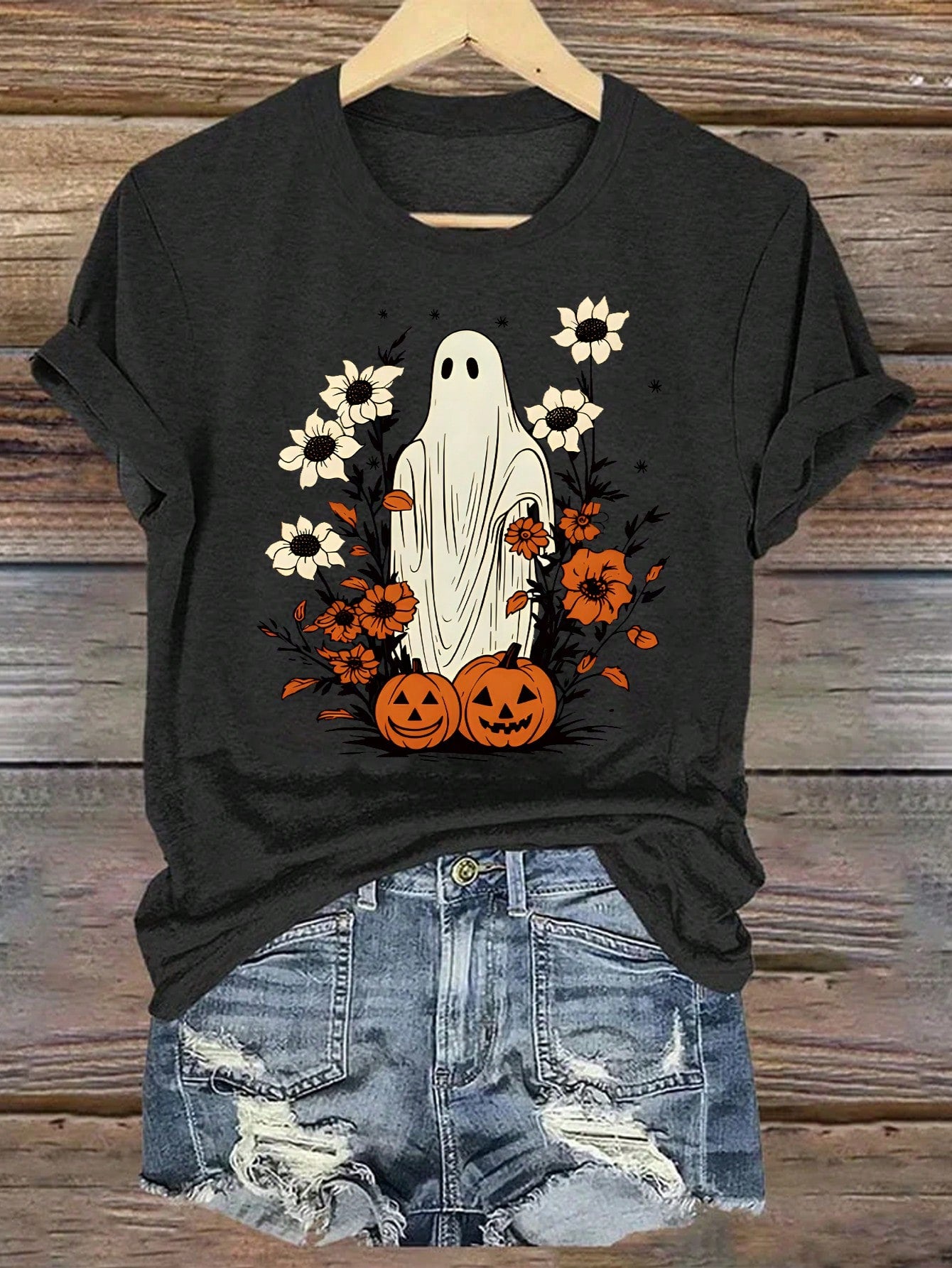 Plus Size Ghost & Pumpkin Print Round Neck Short Sleeve T-Shirt, Summer