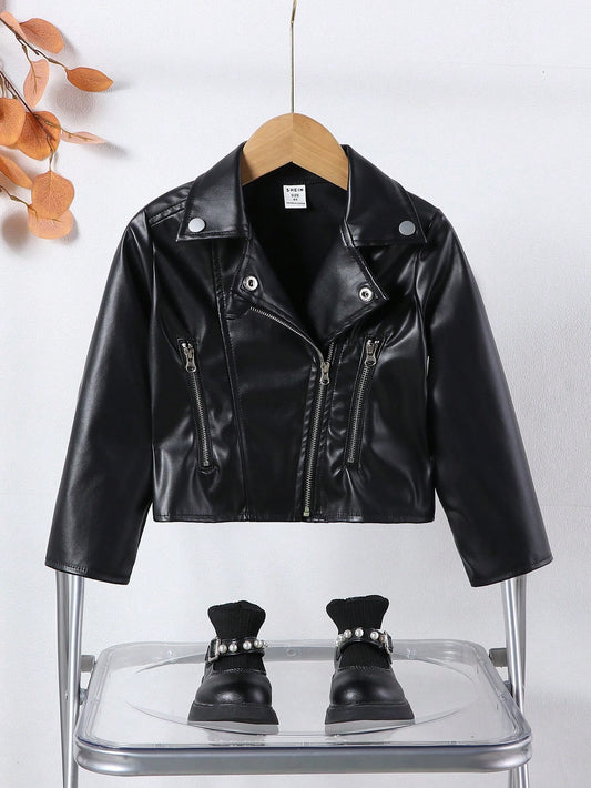 Kids Young Girl And Toddler Girl Black PU Leather Jacket, Elegant Casual Outerwear Suitable For Outings, Daily Wear And Any Casual Occasions, Fall/Winter