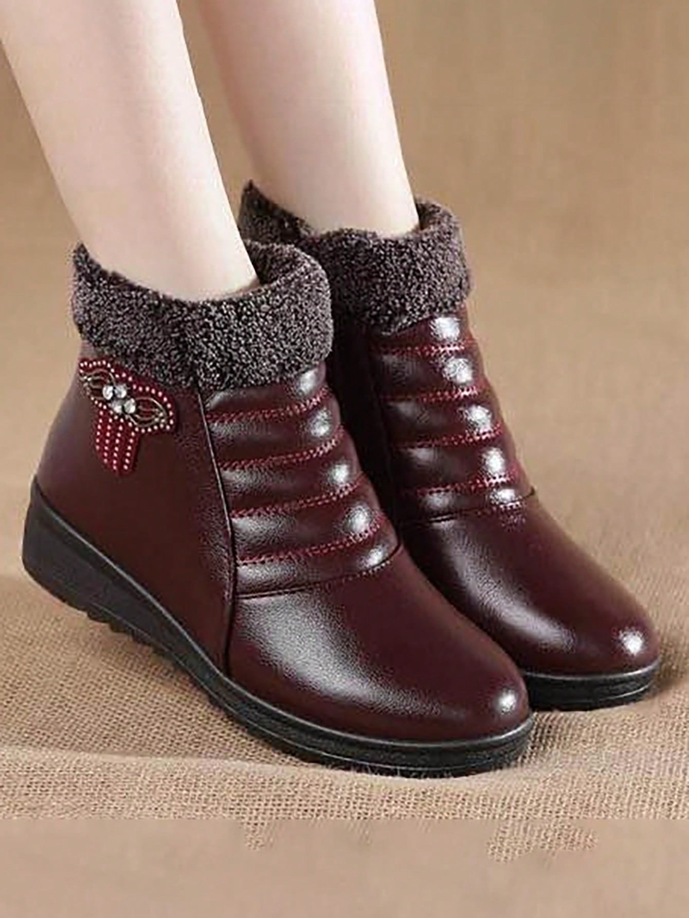 Women`S Solid Color Plush Boots, Rhinestone Decor, Soft & Thick Bottom, Plush Lining, Side Zipper, Winter Snow Boots