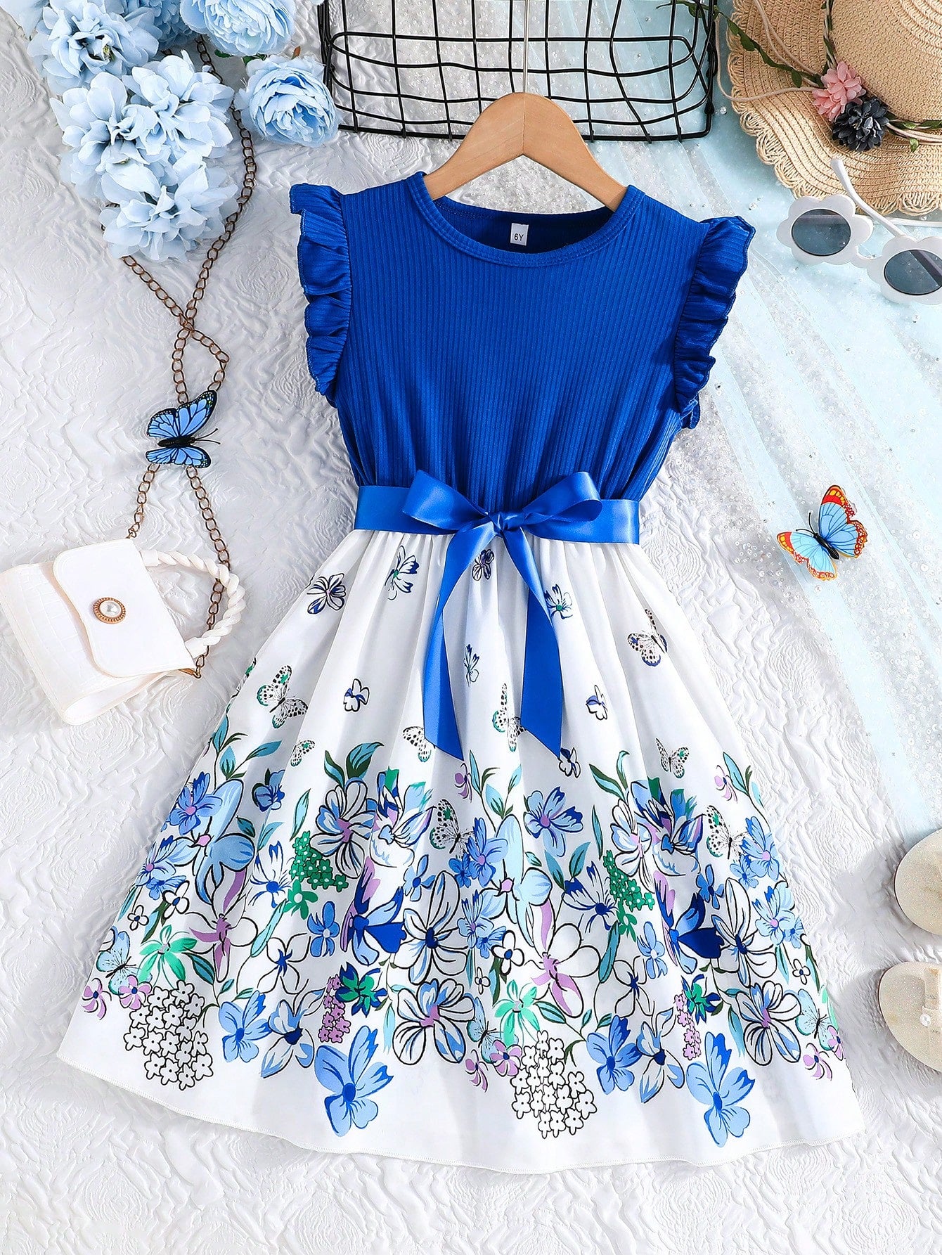 Young Girl Elegant Summer New Arrival Butterfly & Floral Pattern Printed Short Sleeve Round Neck Dress