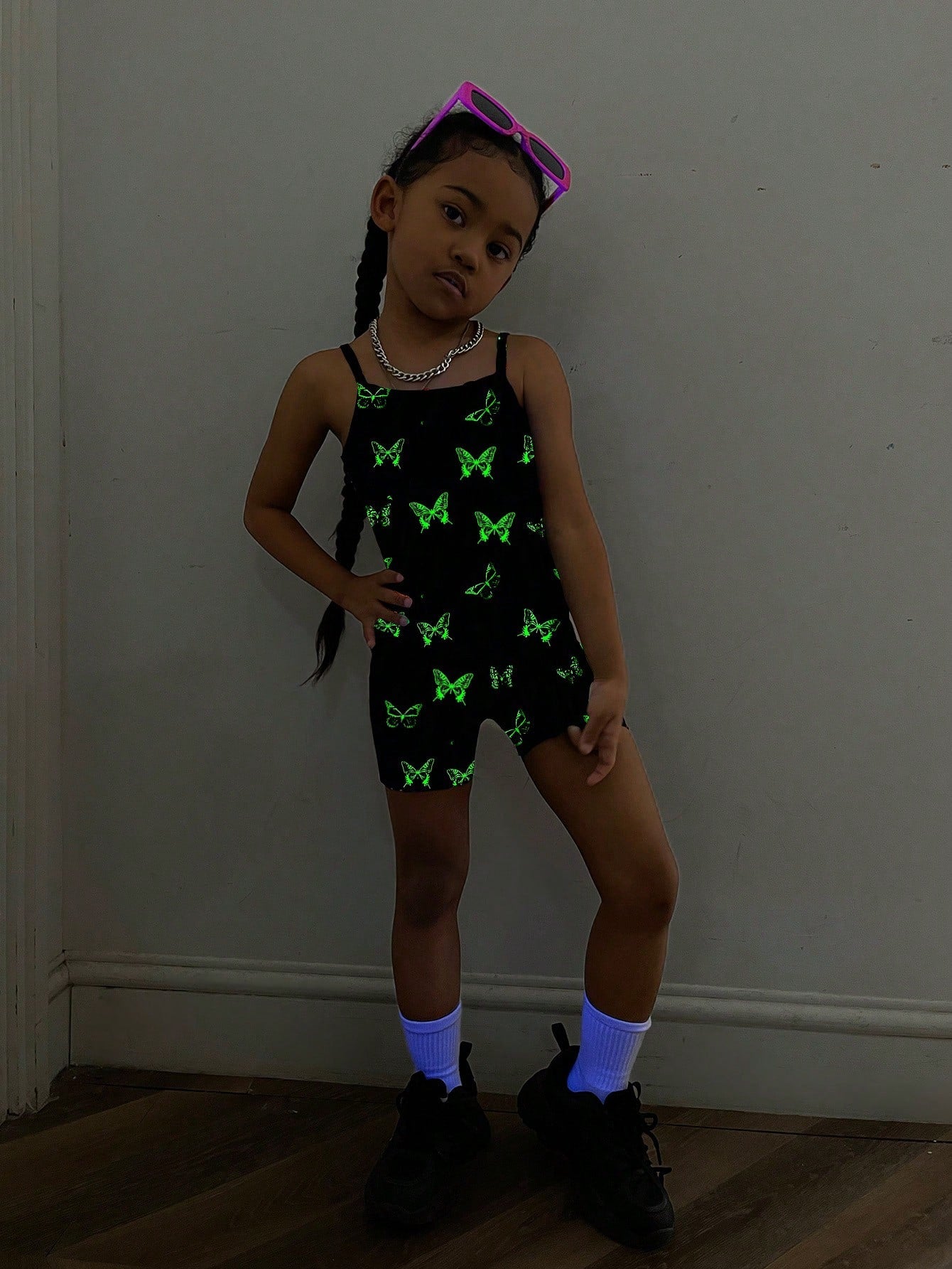 Young Girl Fluorescent Ink Printed Strap Romper