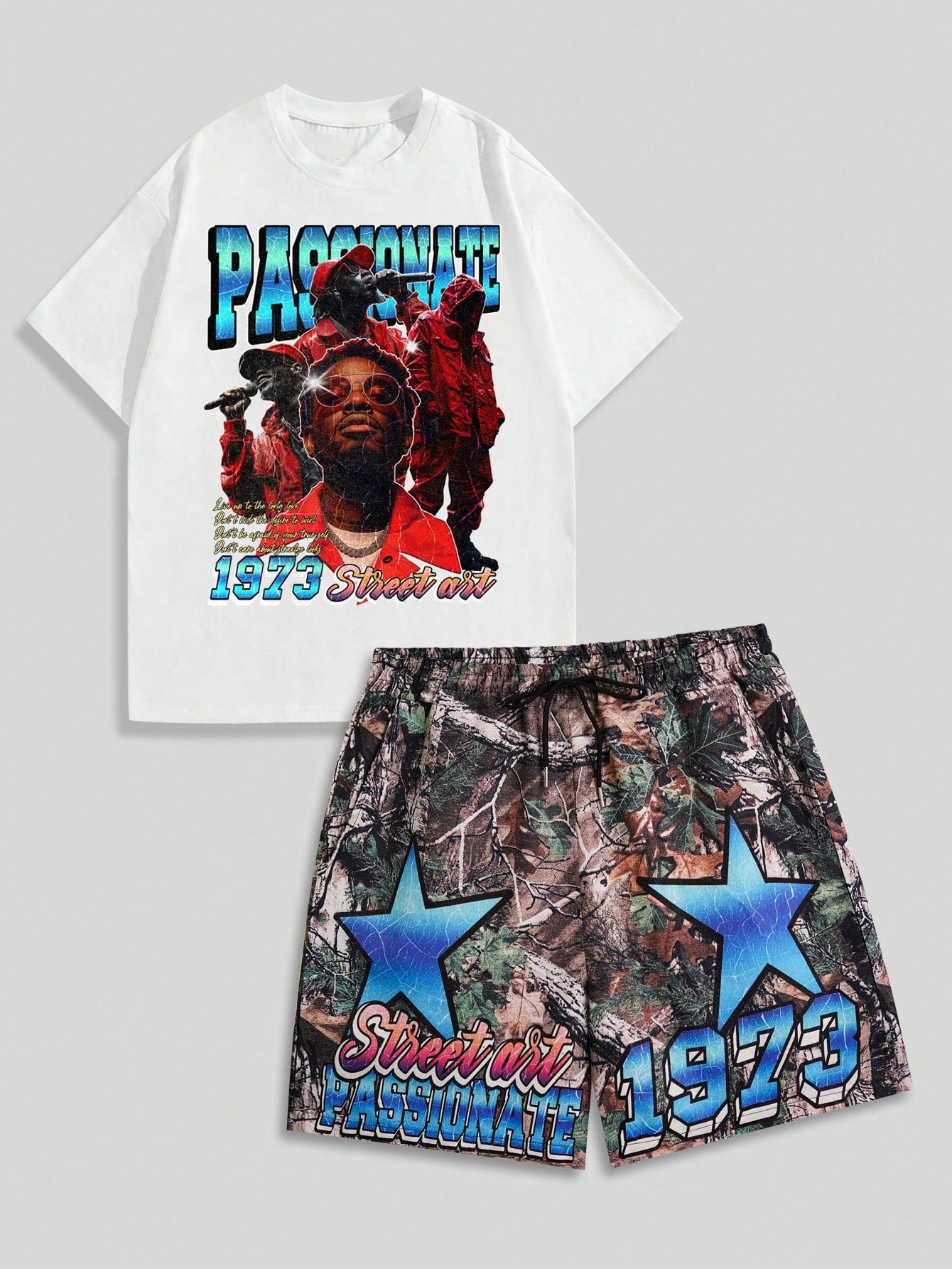 Street Life 2pcs Men's Portrait Printed Short Sleeve T-Shirt And Shorts, Suitable For Daily Wear In Spring And Summer