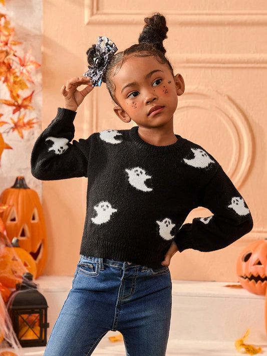 Young Girl Halloween Graphic Crew Neck Fitted Casual Sweater