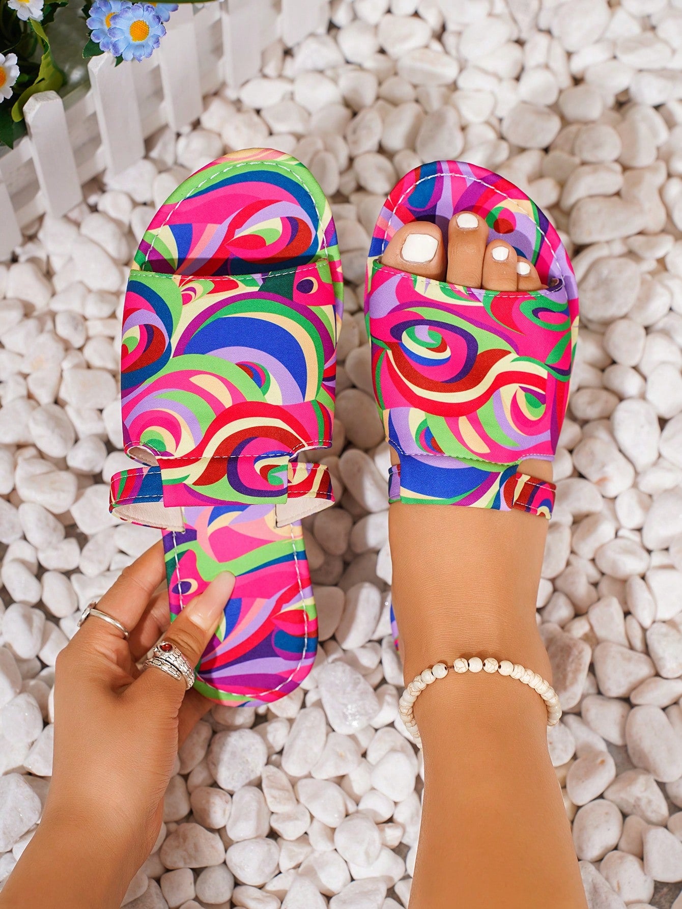 Rainbow Women's Flat Sandals, Fashionable Colorful Beach Shoes