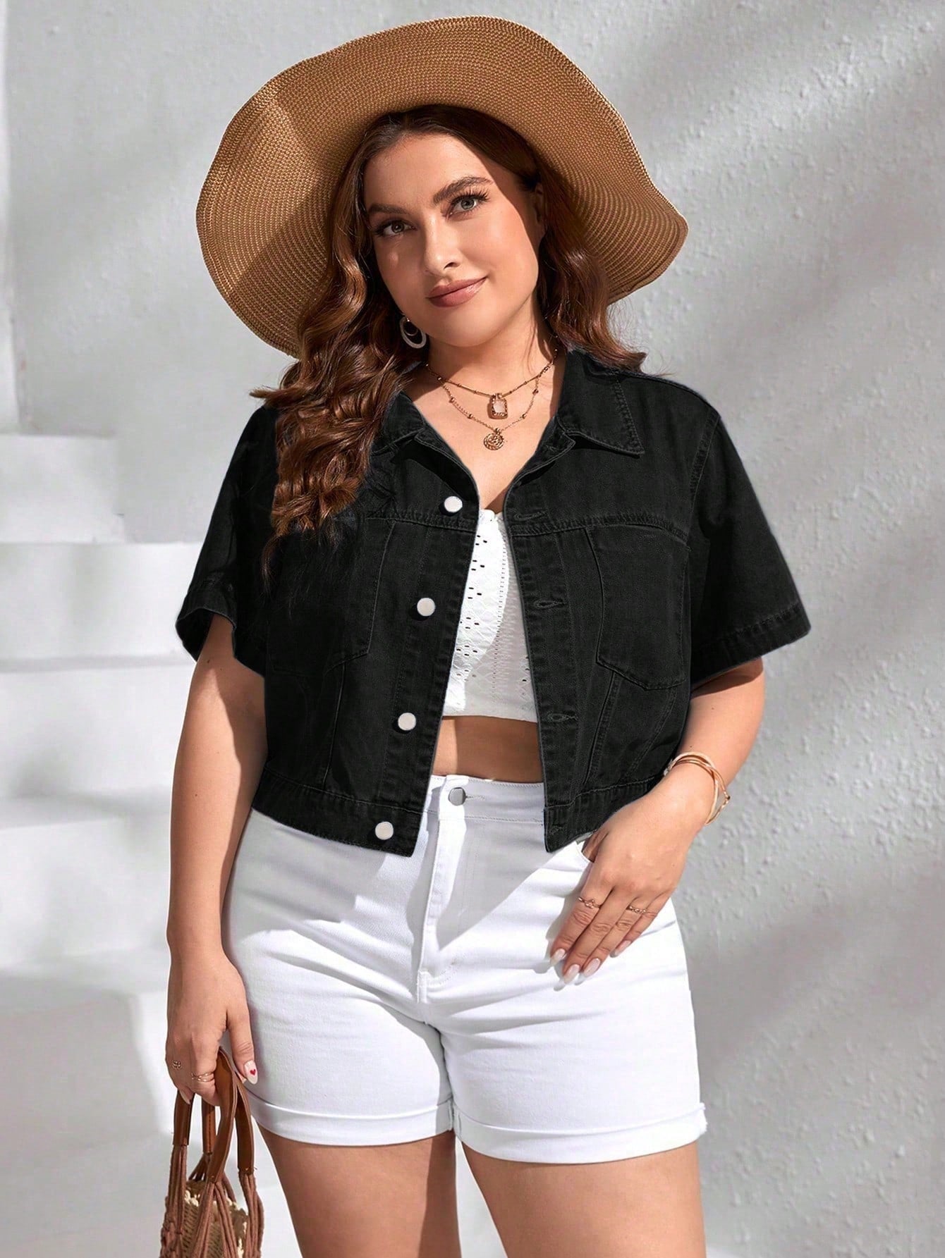 Plus Size Casual Vacation Match Short-Sleeved Denim Jacket For Spring And Summer