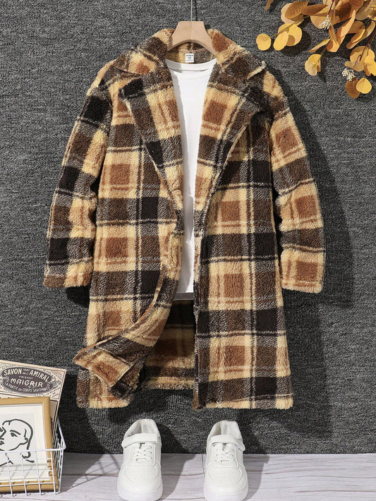 Girls' (Big Size) Lapel Drop Shoulder Long Sleeve Mid-Length Casual Plaid Fleece Warm Jacket