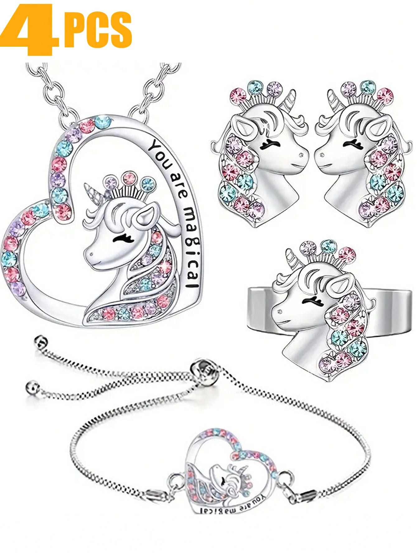 4pcs Unicorn Jewelry Gift Set For Girls, Includes Unicorn Necklace, Bracelet, Earrings And Ring, Birthday Gift For Daughter, Granddaughter, Niece - CZ Gemstone Heart-Shaped Pendant Necklace Engraved 'You're Magical'