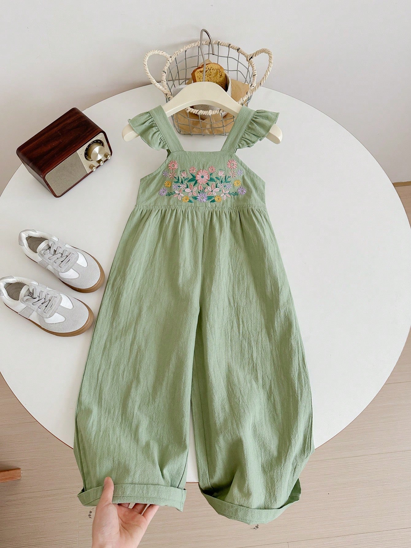 Young Girl Woven Solid Color Sleeveless Embroidered Loose Casual Strap Jumpsuit