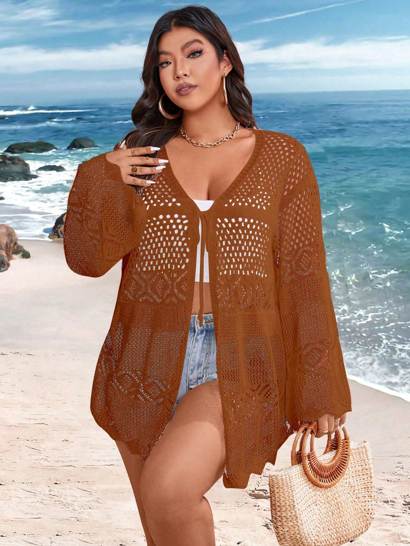 Plus Size Women Fashionable Solid Color Hollow Out Long Sleeve Cardigan