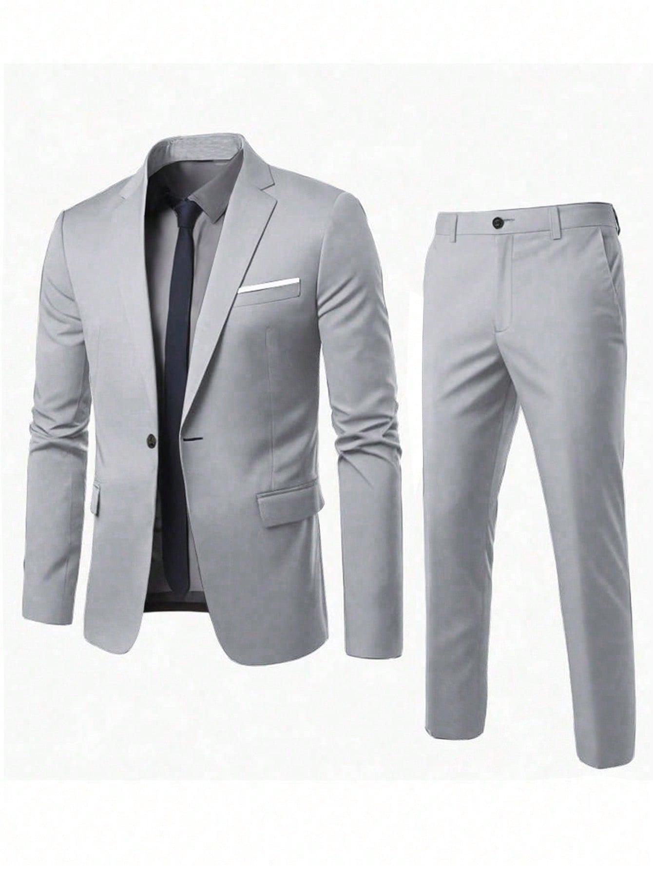 Men's Solid Color Concise Suit Jacket And Pants Set