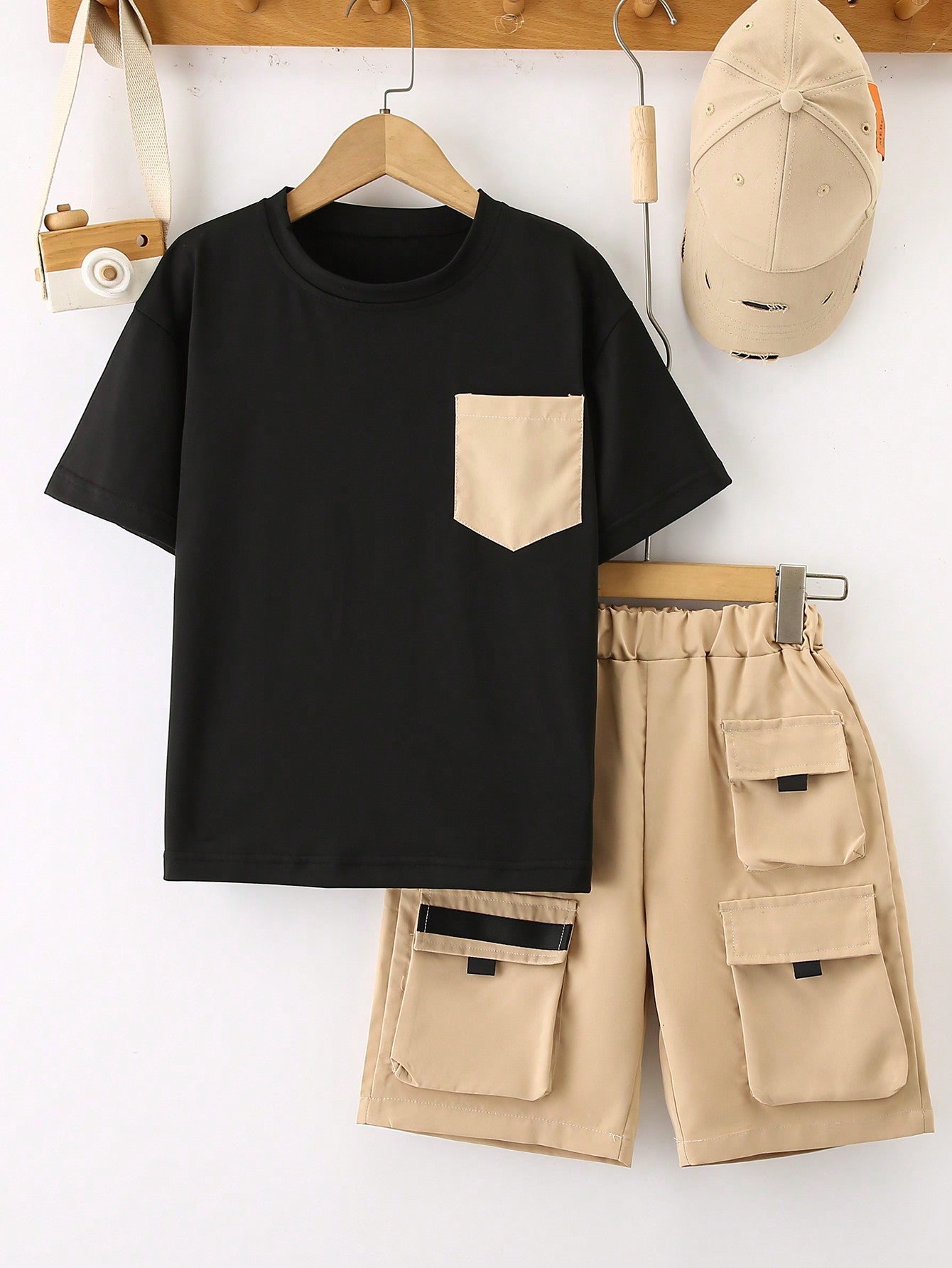 Tween Boy Fashionable Daily Casual Short Sleeve Workwear Pocket Shorts 2 Piece Set