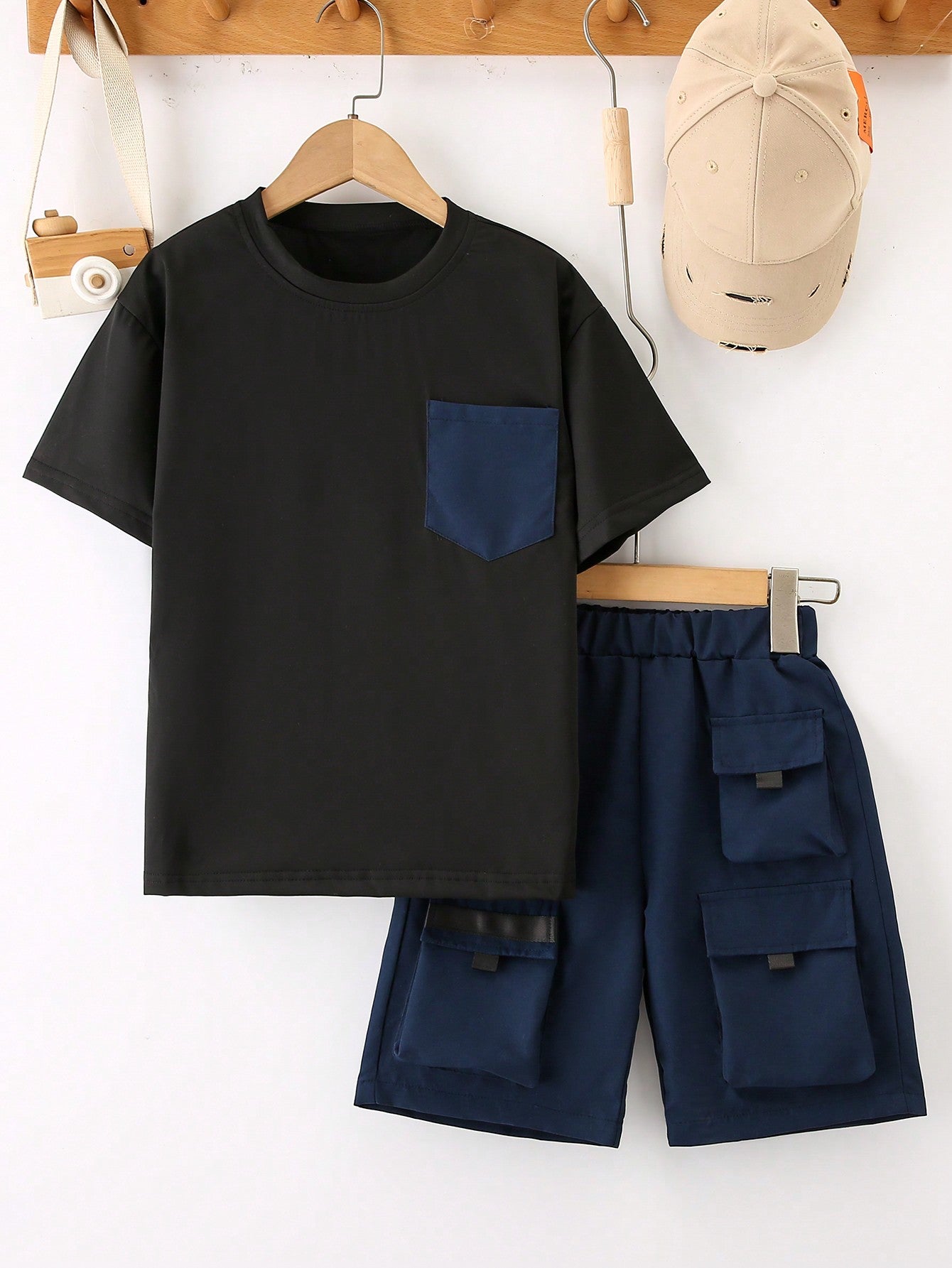 Tween Boy Fashionable Daily Casual Short Sleeve Workwear Pocket Shorts 2 Piece Set