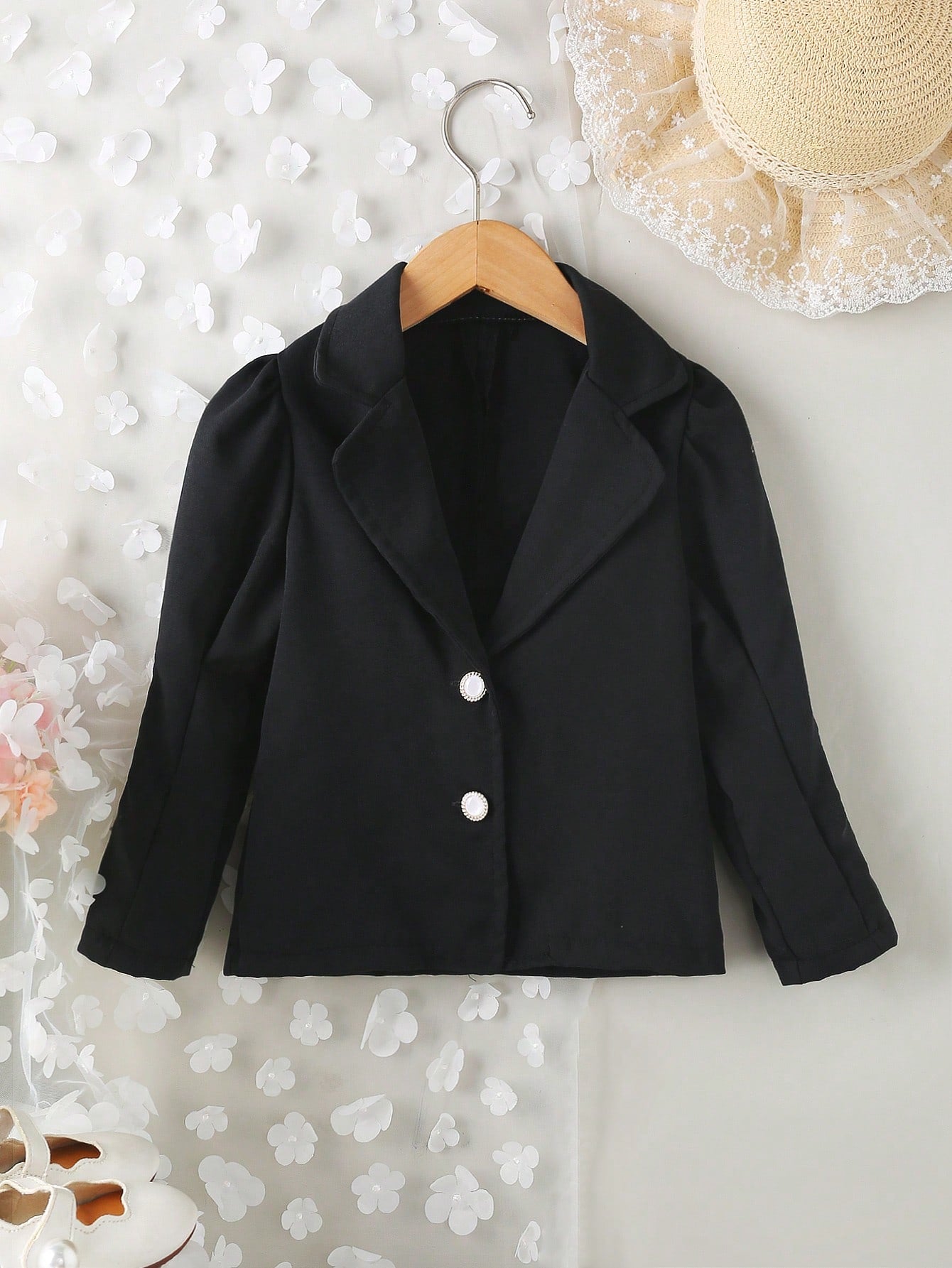 Girls' Elegant Minimalist Turndown Collar Raglan Sleeve V-Neck Solid Color Waist Design School Blazer, Spring/Autumn