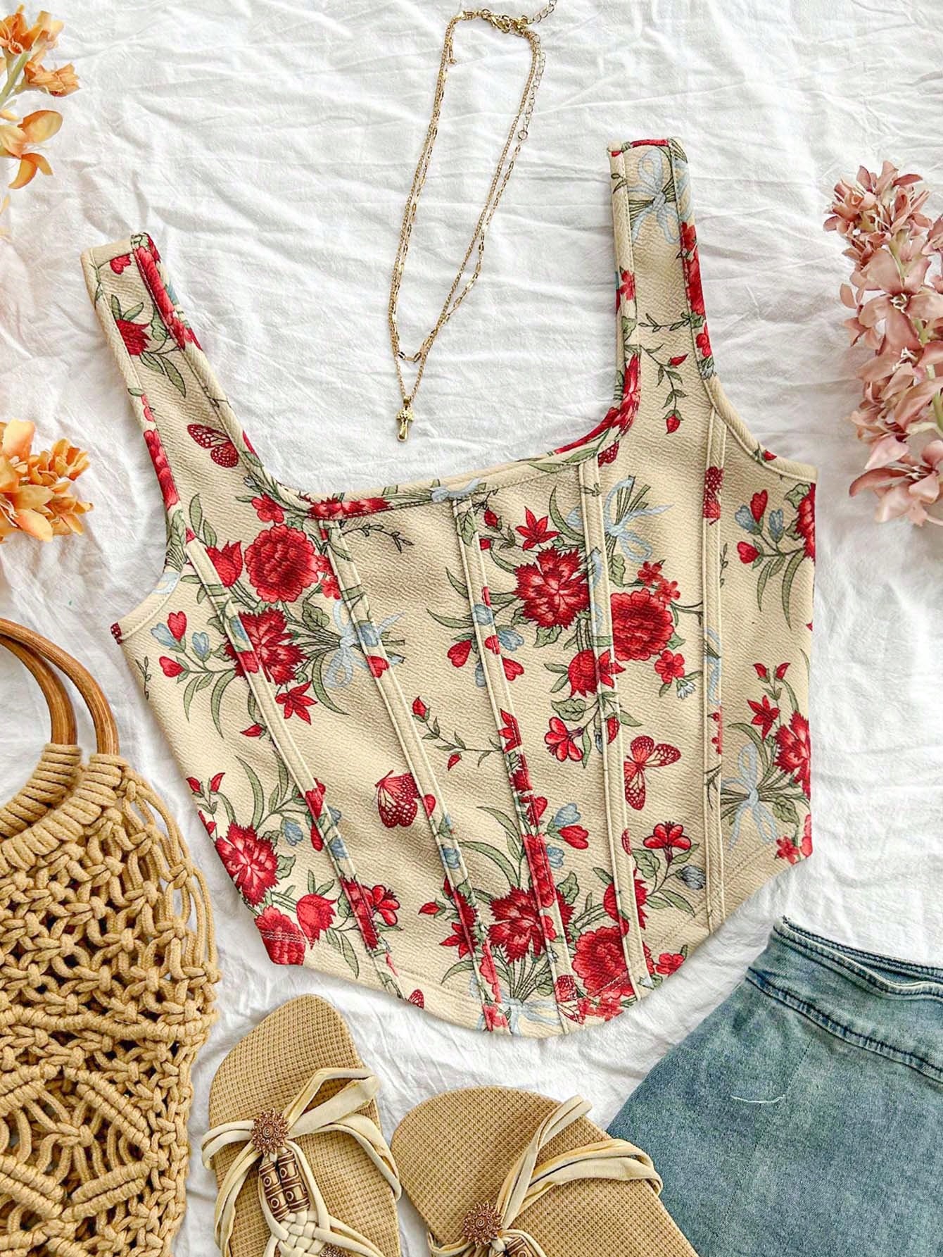 Women's Waist-Cinched Floral Print Vacation Tank Top With Square Neckline