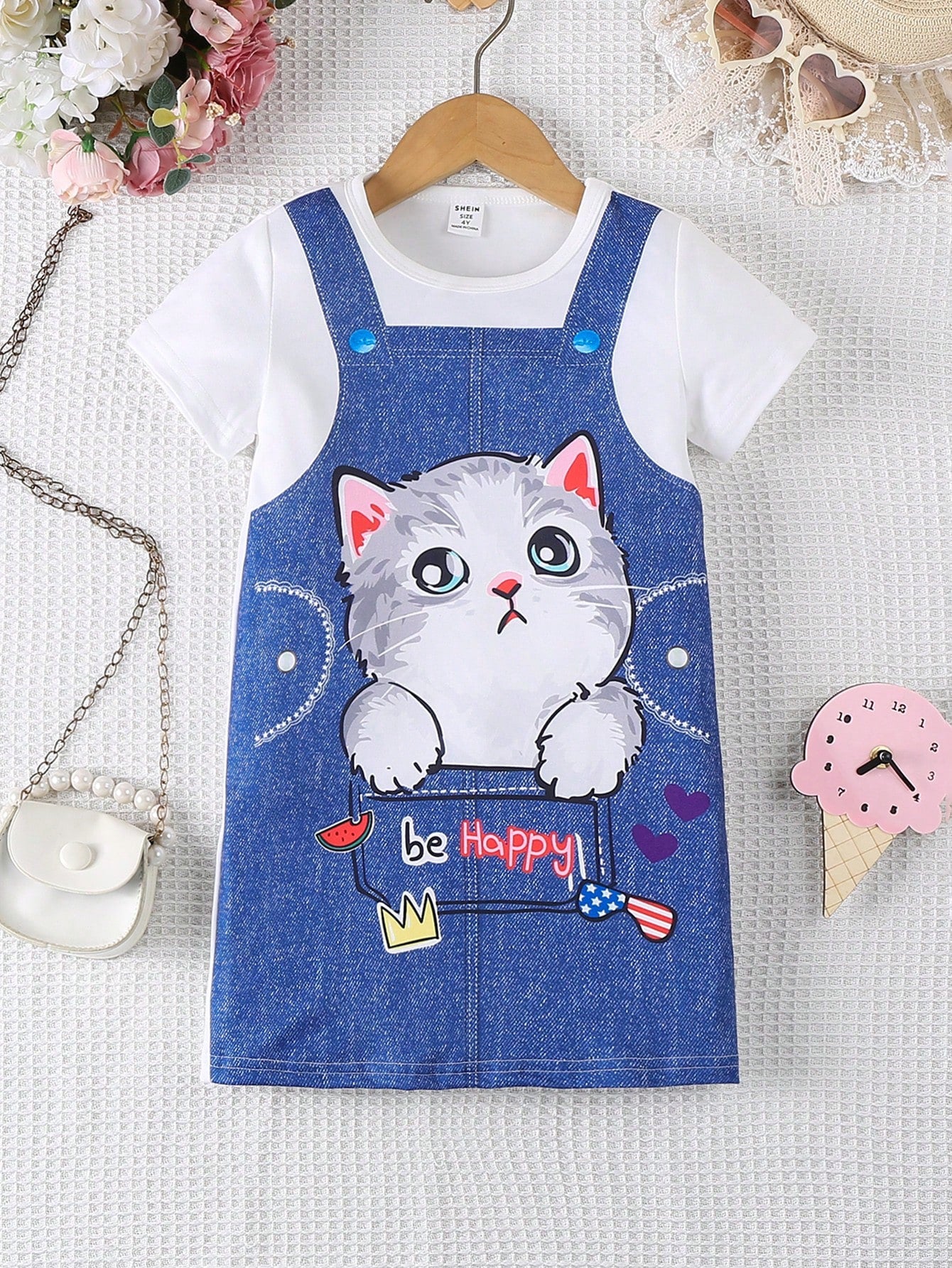 Young Girl Summer Short-Sleeved Cat Print Round Neck Dress