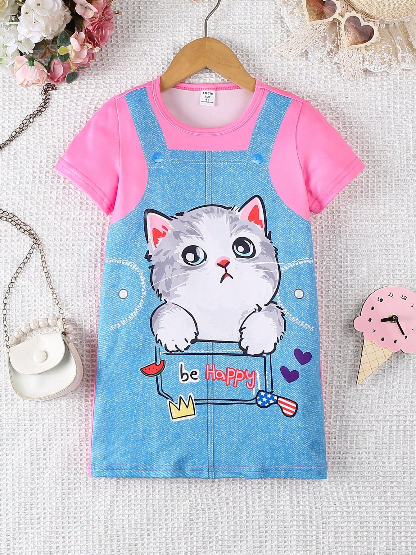 Young Girl Summer Short-Sleeved Cat Print Round Neck Dress