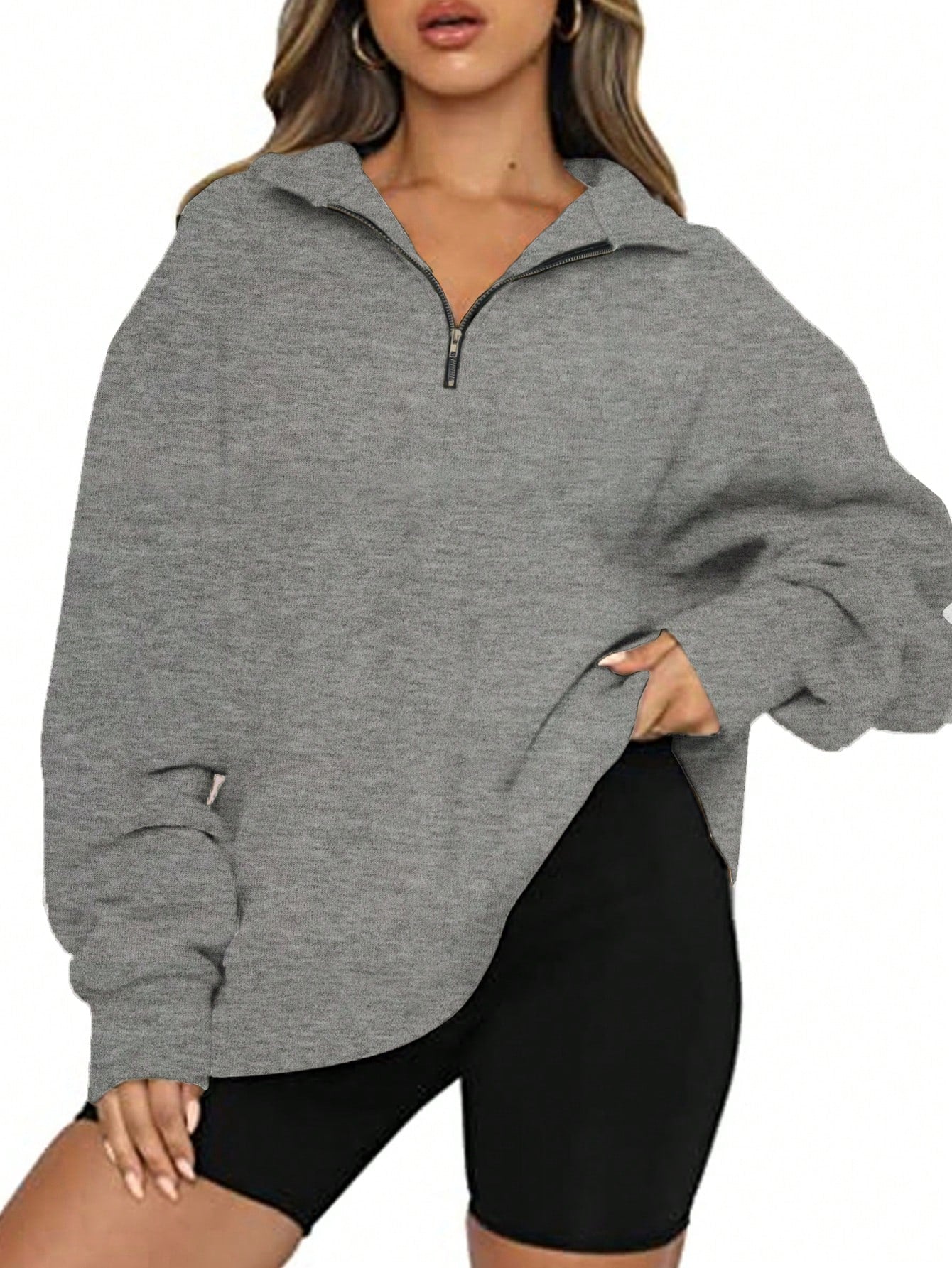 Plus Size Collared Zipper Casual Long Sleeve Pullover Sweatshirt