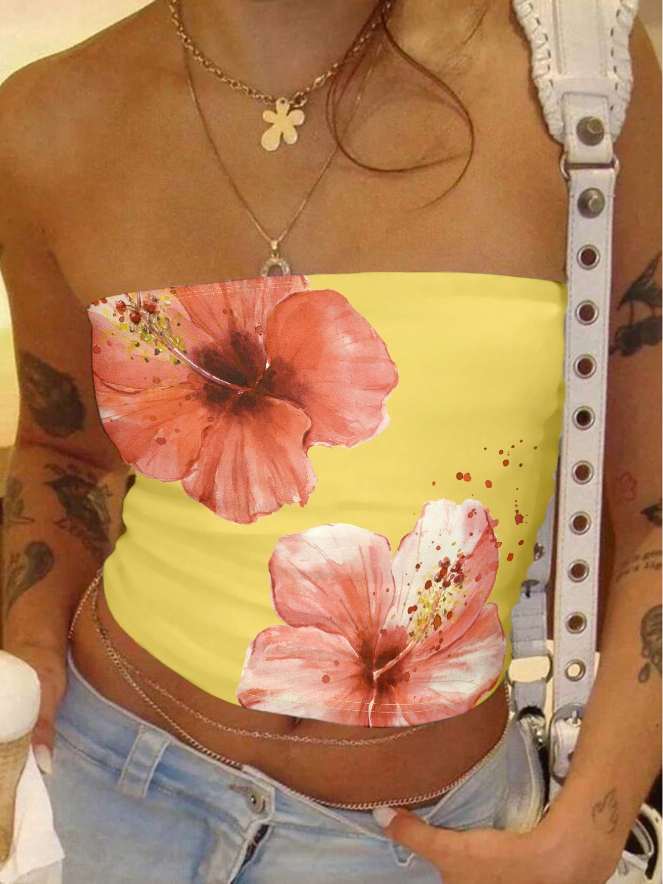 Y2K Hibiscus Flowers Graphic Bandeau Tube Top