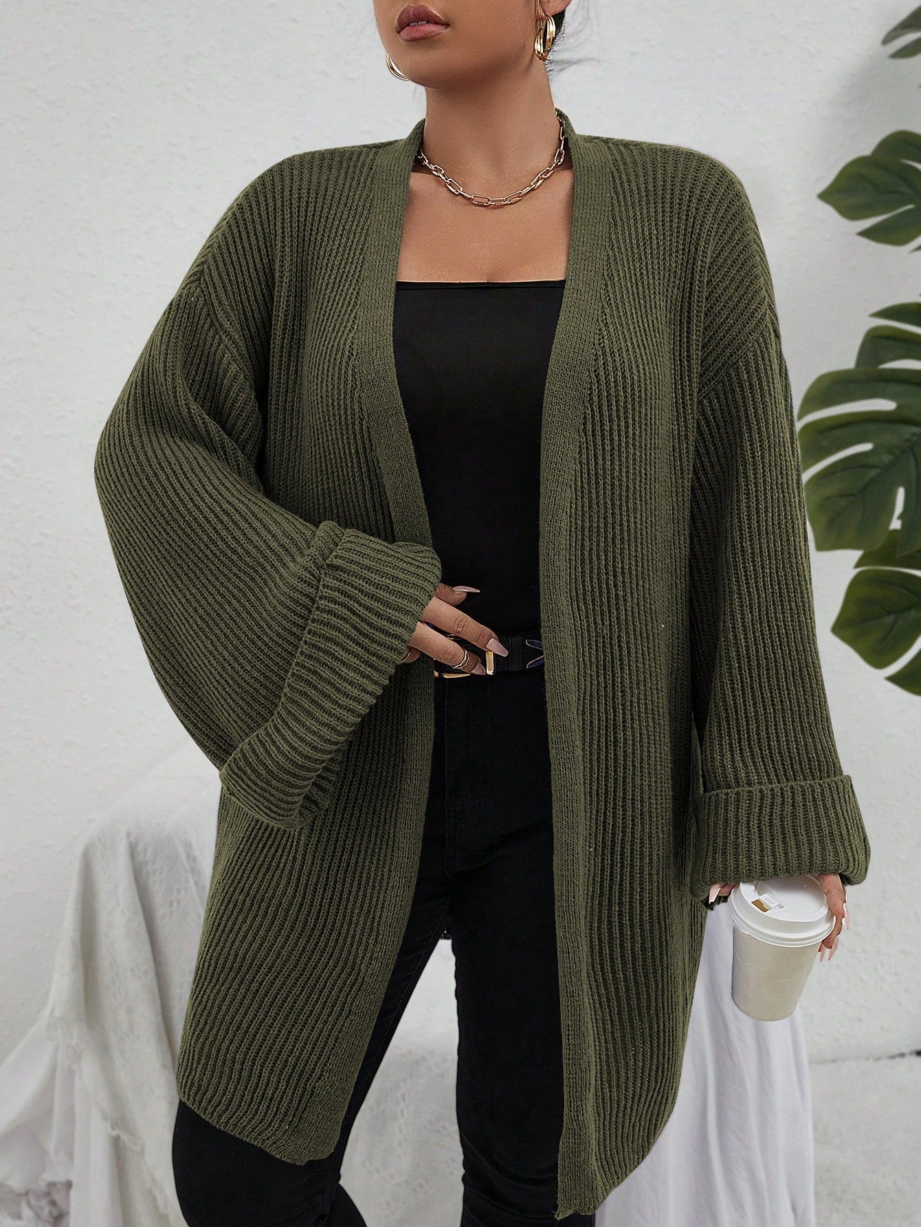 Plus Drop Shoulder Open Front Cardigan