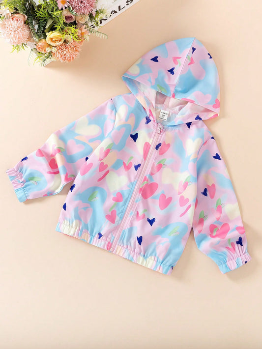 Girls' Casual Tie Dye Background With Colorful Heart Digital Print Lightweight Jacket, Spring/Autumn